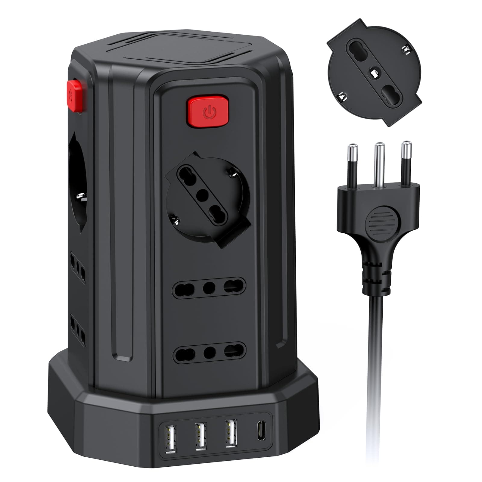 2 Metro Ciabatta Elettrica Multipresa con 12 Prese Universali 10/16A ITA e Schuko e 3 USB A+1 USB C protezione Sovratensione con 4 interruttori indipendenti, Nero