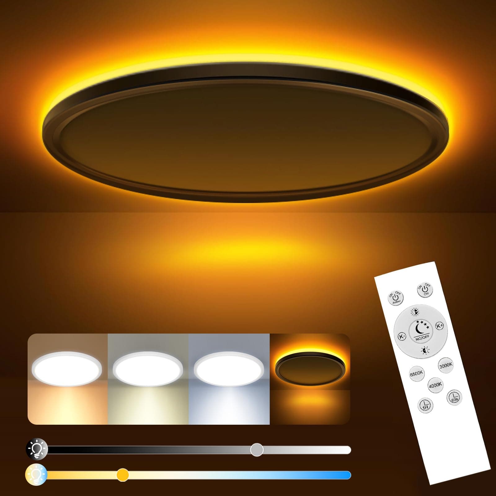 slochi Lampara Techo,52W 5200LM Plafon Led Techo,Panel Plano Regulable con mando a distancia,Luz Nocturna Regulable 1800K，3000K-6500K Lámpara de techo Slim salon,dormitorio-Blanco redondo