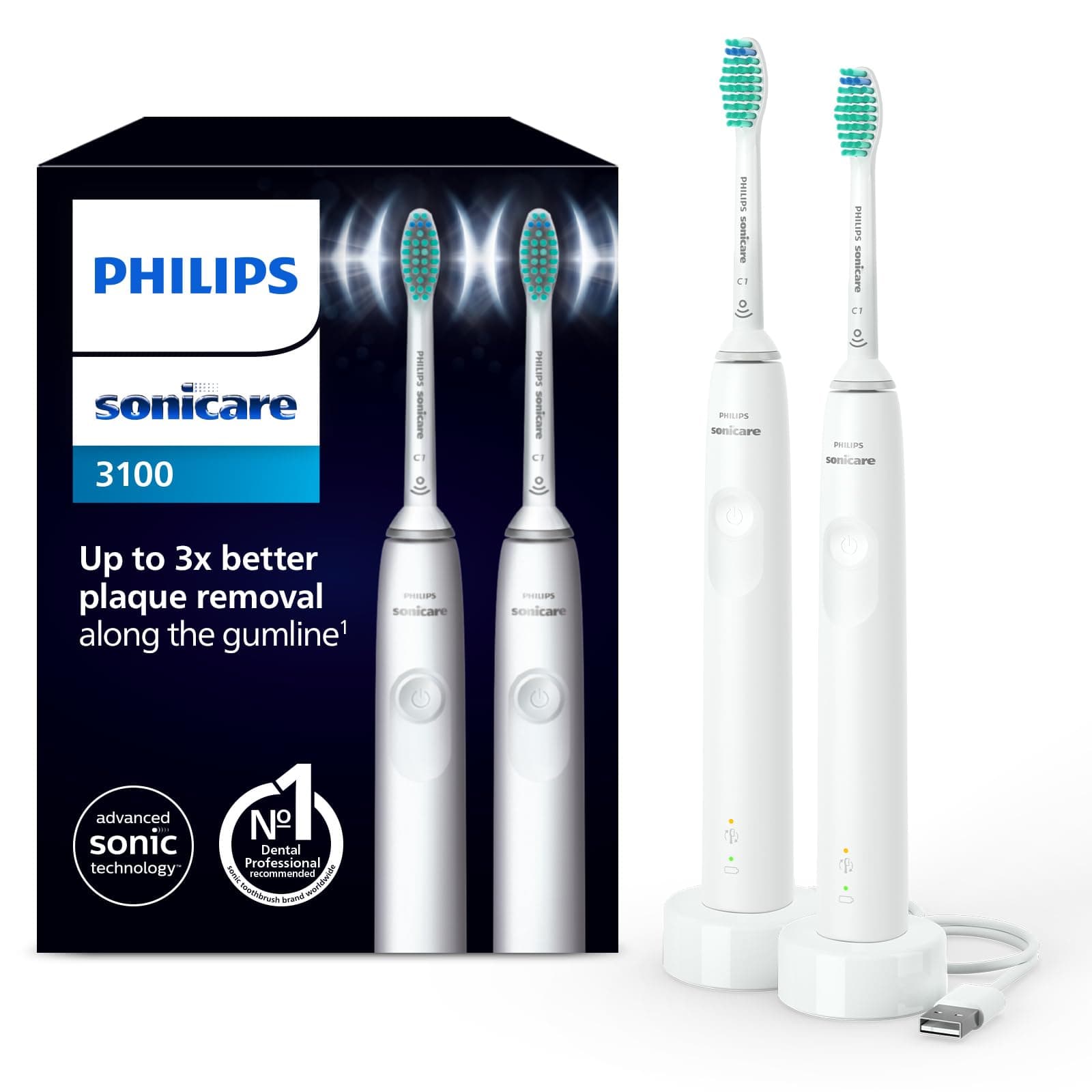 Philips Sonicare 3100, Brosse à dents électrique sonique, capteur de pression et minuterie, blanc, pack de 2, modèle HX3675/13
