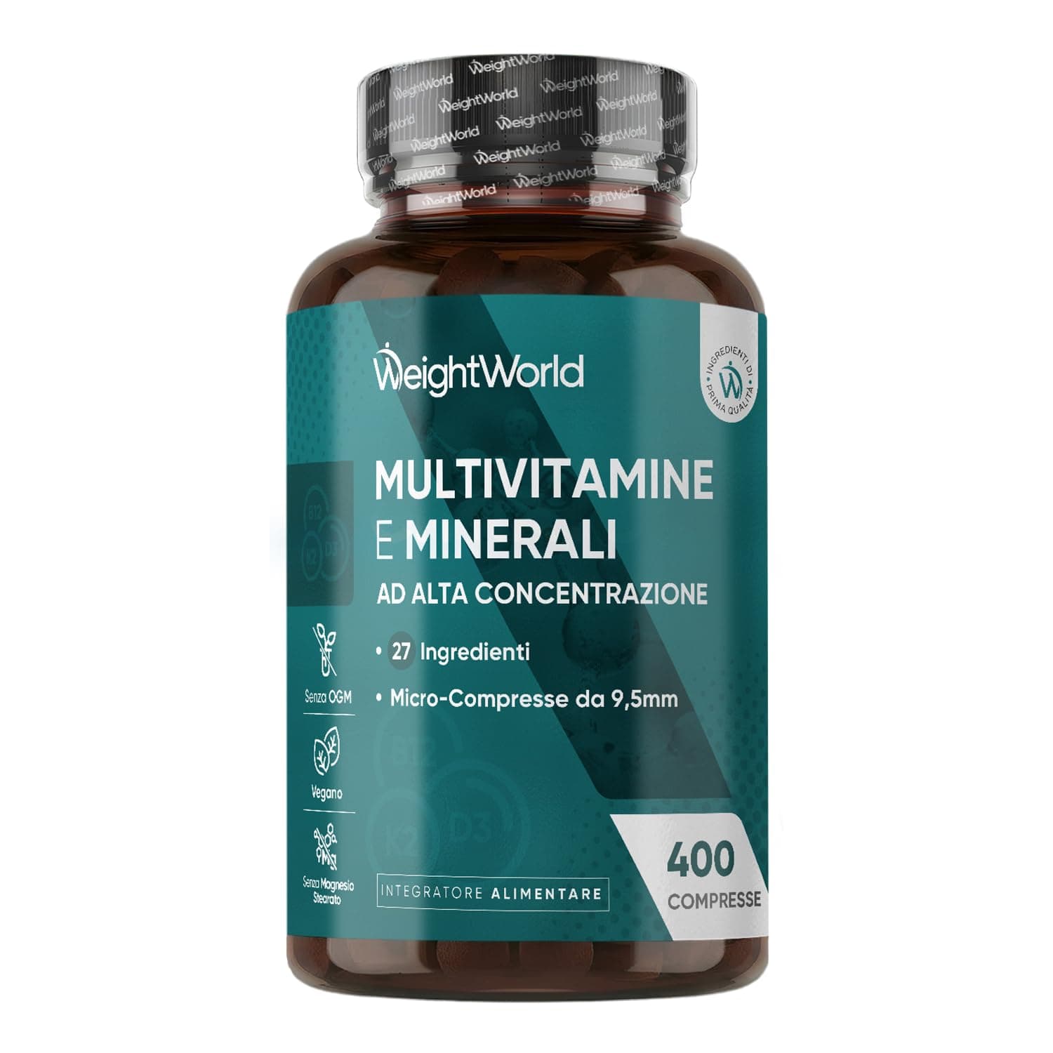 Multivitaminico Completo in 400 Micro Compresse Vegane (+1 Anno), 27 Ingredienti Essenziali, Multivitaminico Uomo e Donna, Vitamine A, B, C, D, E, K, Ferro, Zinco, Potassio, Senza Magnesio Stearato