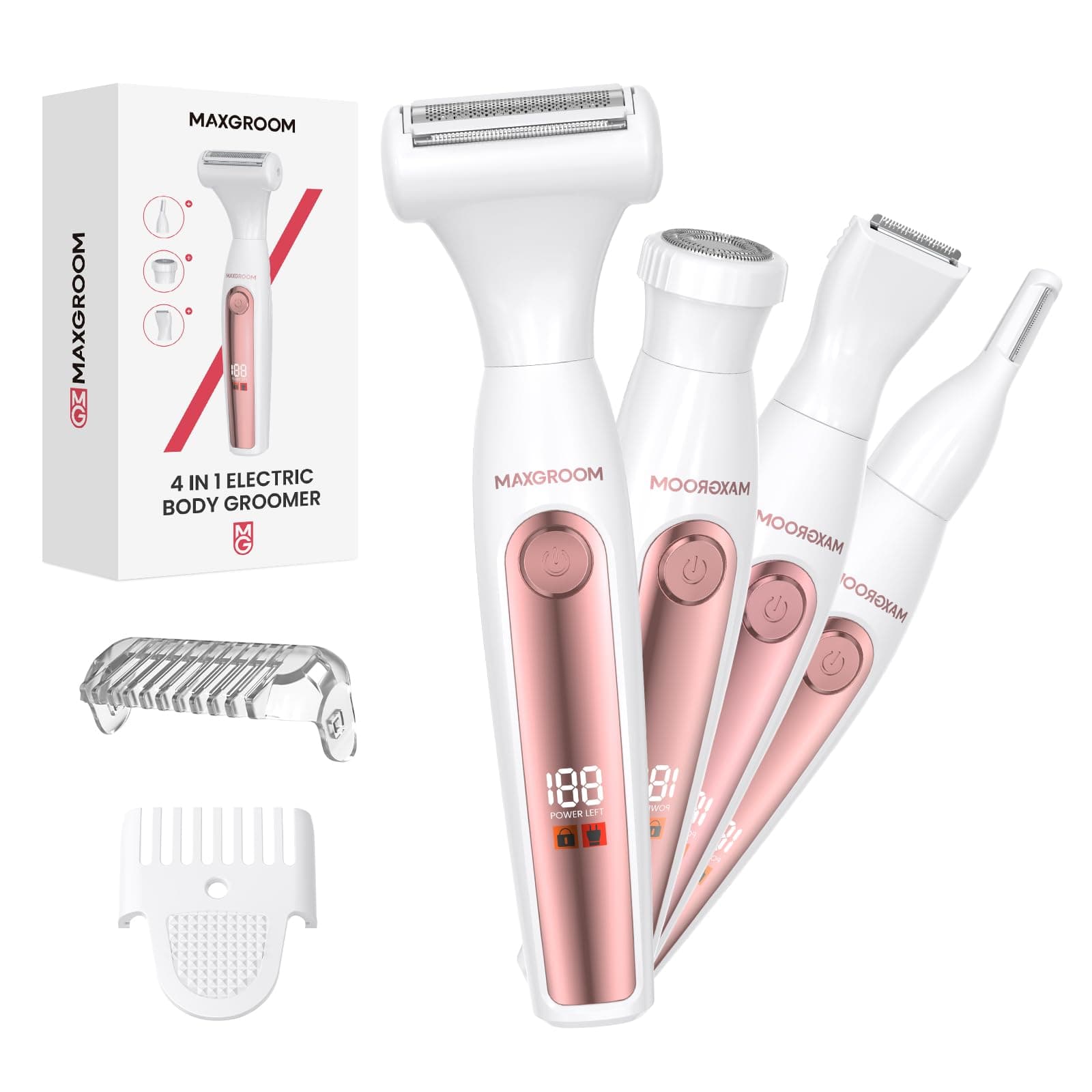 MAXGROOM Rasoio Elettrico Donna, Impermeabile Depilatore Corpo Donna, Rasoio Parti Intime Kit per Viso, Corpo e Inguine con Lama Ceramica, Ricarica Rapida Type-C, Led Display