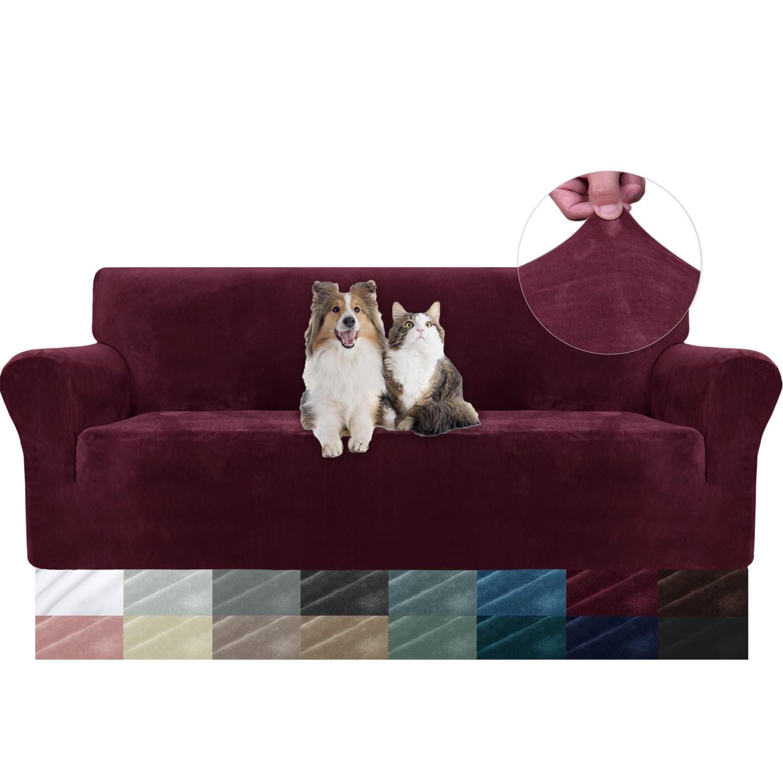 YSTELLAA Copridivano Velluto 3 Posti con Braccioli, Copridivani AntiGraffio Gatto, Fuzzy Copri Divano Elasticizzato Elastico, Universale Sofa Cover Antimacchia Lavabile Antiscivolo, Bordeaux