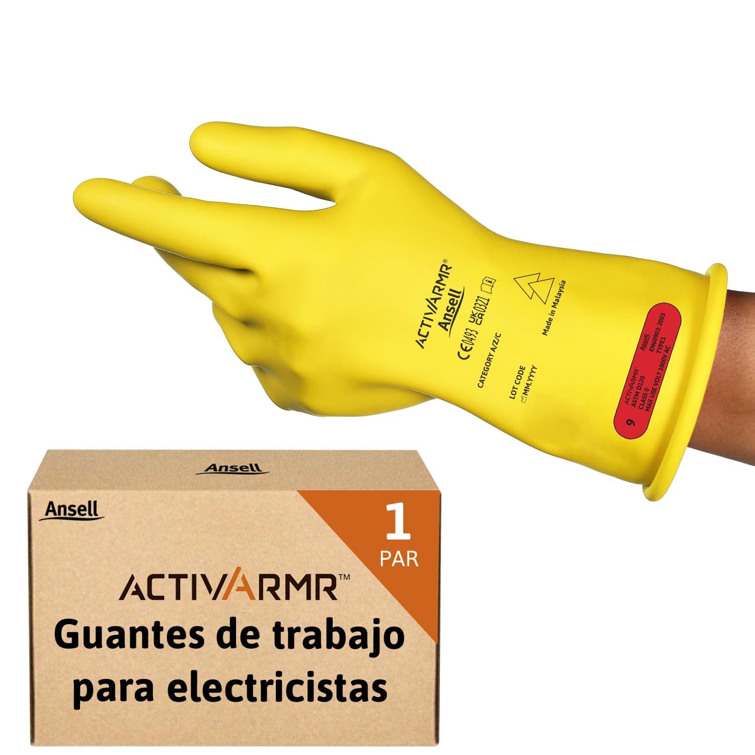 Ansell ActivArmr Guantes Aislantes Dieléctricos, Protección Eléctrica Class 0 (Tensión 1000V), Trabajos con Electricidad, Látex de Caucho Natural, 28cm, Amarillo, Talla M (1 Par)
