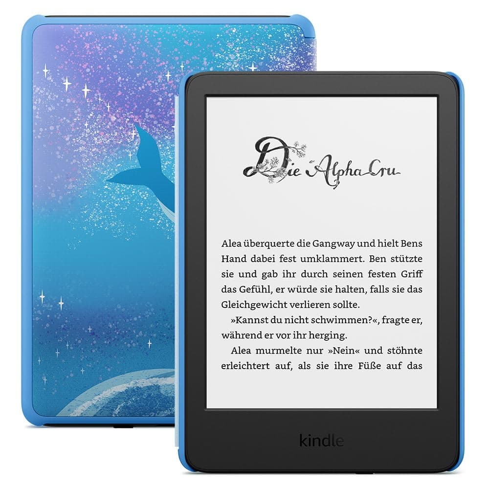 Amazon Kindle Kids (neueste Generation) – Falls das Gerät kaputtgeht, ersetzen wir es. Inklusive altersgerechter Bücher, Hülle, blendfreiem Bildschirm und schnellerem Umblättern – Weltraumwal-Design