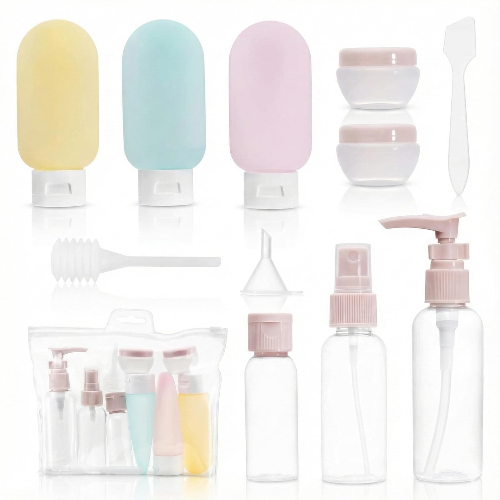 Carehabi Set di 11 kit viaggio liquidi, contenitori viaggio aereo 30/50/60/80 ml, piccole lattine di crema, flacone spray trasparente, erogatore di pompa shampoo, accessori viaggio per prodotti bagno