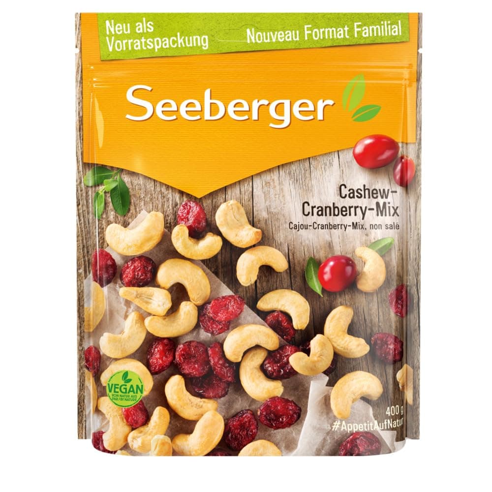 Seeberger Cashew-Cranberry-Mix: Knackige naturbelassene Cashewkerne mit Cranberries - süß-säuerliche Kombination - glutenfrei, vegan (1 x 400 g)