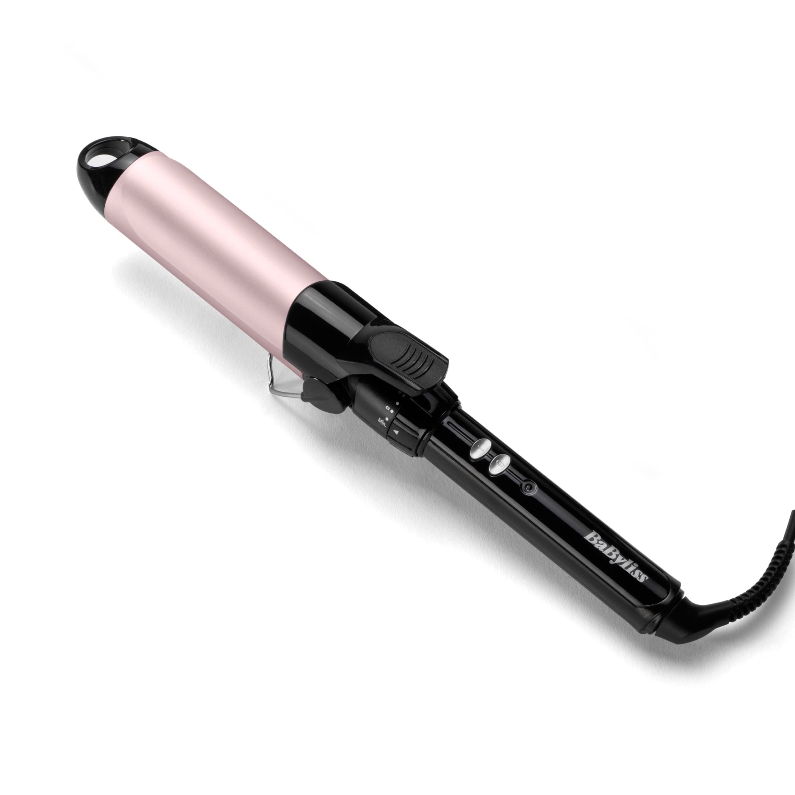 BaByliss Rizador de 38 mm - Tenacilla de pelo, Barril Satin Touch, 10 temperaturas de 110 °C a 180 °C, Herramienta profesional para rizos, Rizos fáciles y duraderos, Negro y rosa, C338E