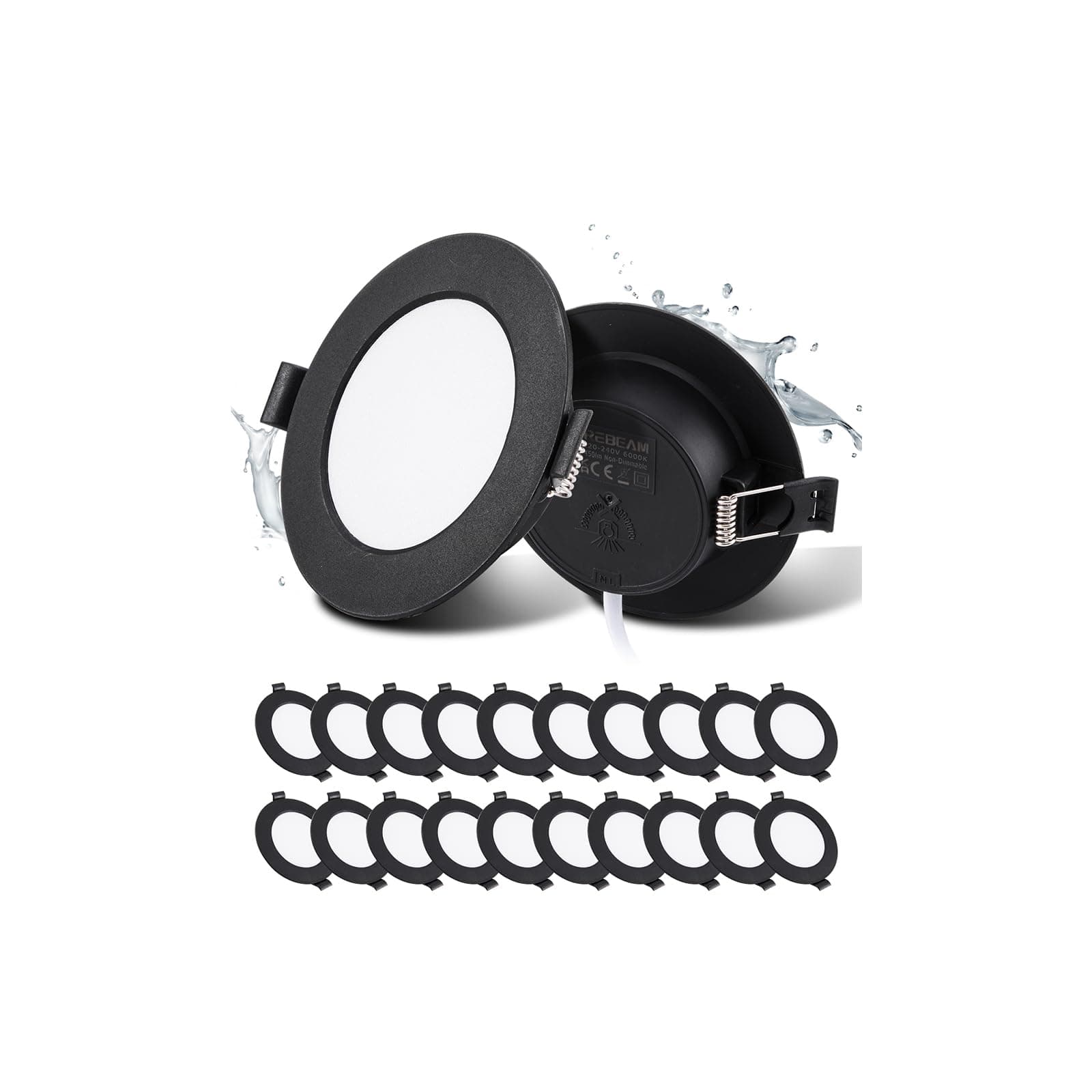 Grebeam Lot de 20 Spots LED Encastrables, 5W, Noir, Spot Salle de Bain, IP44, Ultramince 25 mm, Blanc Chaud 3000K, Trous Ø75-90mm, Spot LED Extérieur Rond, AC 220V-240V, pour Cuisine Salon Chambre