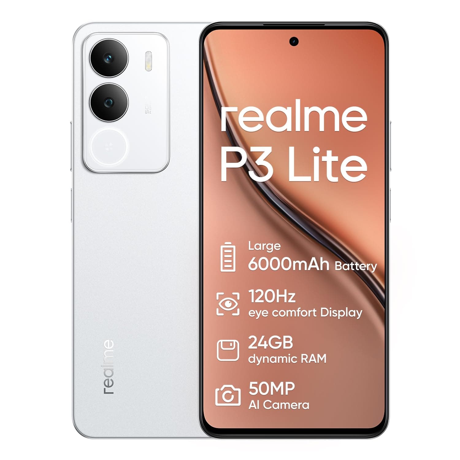 realme P3 Lite Smartphone 8+256GB,Batteria 6000mAh,schermo de confort oculaire 120Hz,50MP AI Camara,Supporto per scheda SD,Bianco