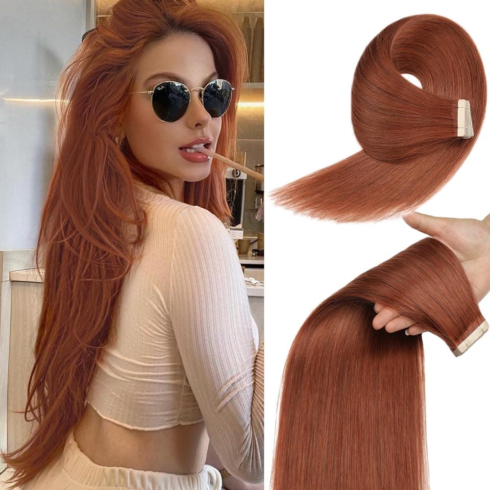 YDDM Extension Cheveux Naturel Adhesif ChâTain Rouge Foncé, ChâTain Cuivré Orangé, Roux Auburn 20Pcs 50g Tape in Real Human Hair Extensions Extension Adhesive Cheveux Naturel(22 Pouces,33A#)