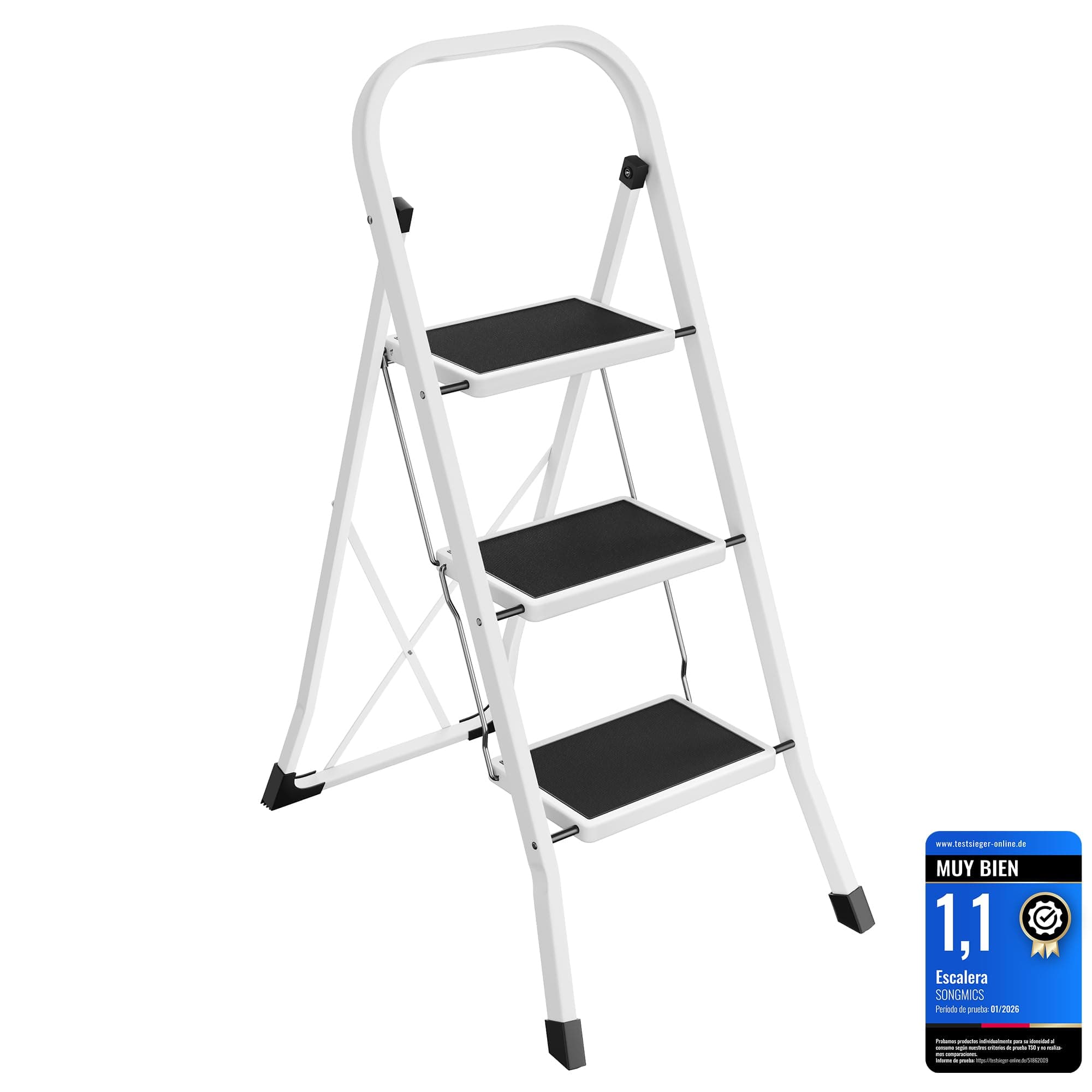 SONGMICS Escalera Plegable, Escalera 3 Peldaños, Bloqueo de Seguridad | Folding Ladder, Peldaño Plegable Fácil de Guardar, Carga hasta 150 kg, Blanco y Negro, GSL03WT