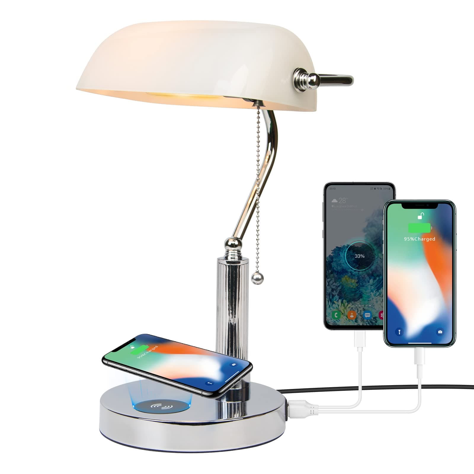 FIRVRE Crema White Lámpara de Escritorio de Vidrio E27 Lámpara de Mesa Clásica con Puerto USB de Carga Inalámbrica Interruptor de Cadena de Latón Vintage Lámpara de Mesilla de Noche para el Hogar