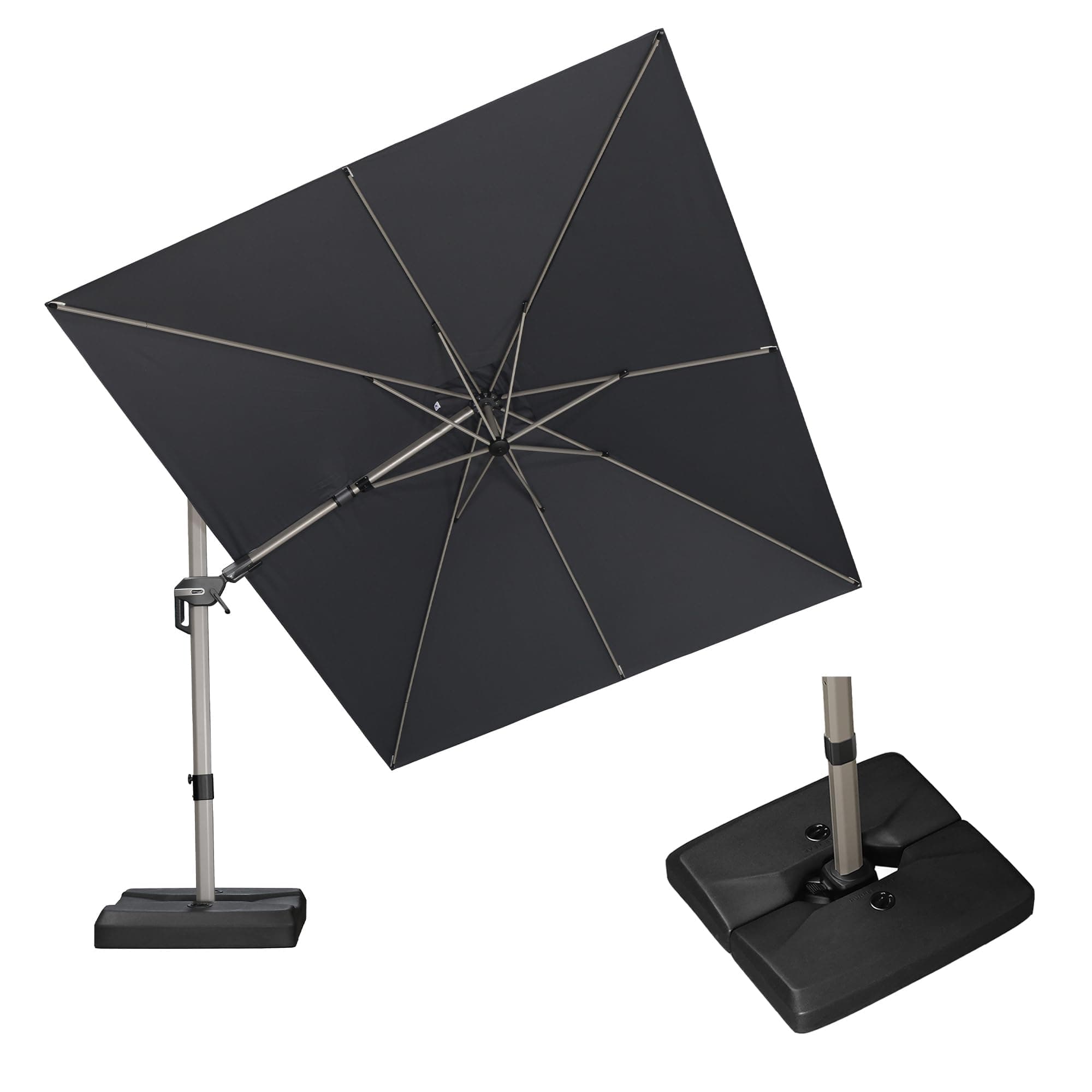 PURPLE LEAF Parasol Inclinable 2,7 × 3,65 m avec Pied, Toile anti-UV, Parasol Deporte Rectangulaire XL, Réglage de la Manivelle, Inclinaison Bilatérale et Rotation à 360°, Pour Jardin, Piscine, Gris