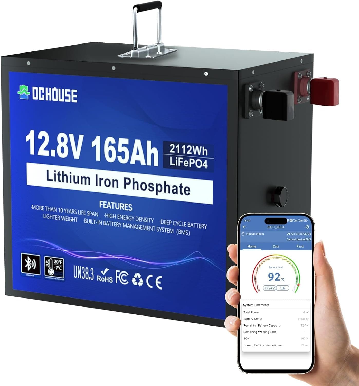 DCHOUSE 12V 165Ah LiFePO4 Batterie, Bluetooth et protection basse température, coque métallique plus sûre, batterie lithium-ion 12V jusqu'à 15000 cycles, BMS 120A, pour les moteurs à la traîne
