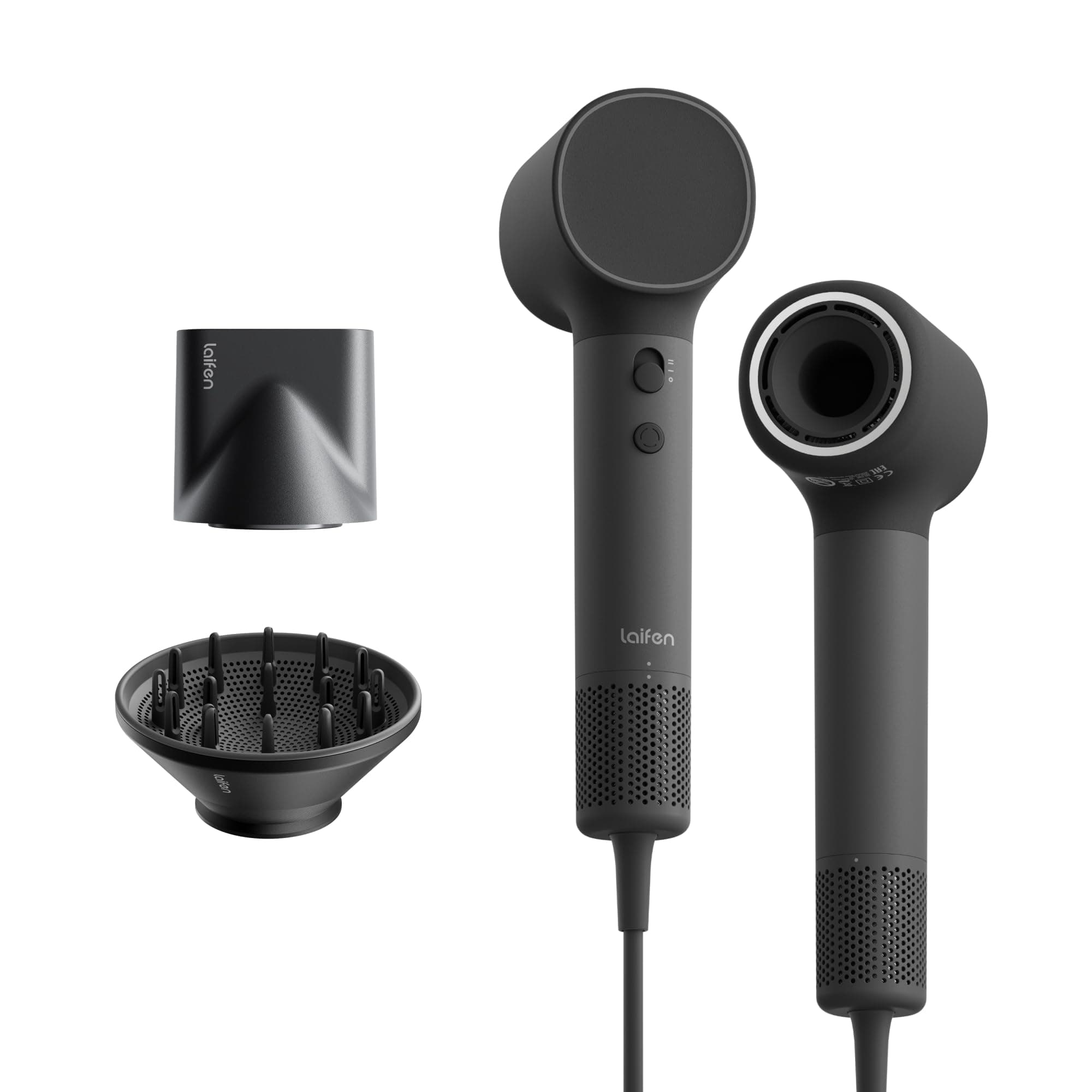 Laifen Neo Asciugacapelli ad Alta Velocità Con Motore Brushless da 110.000 Giri/Min, 200 Milioni di Ioni Negativi, Controllo Intelligente della Temperatura, 2 Ugelli Magnetici(Nero)