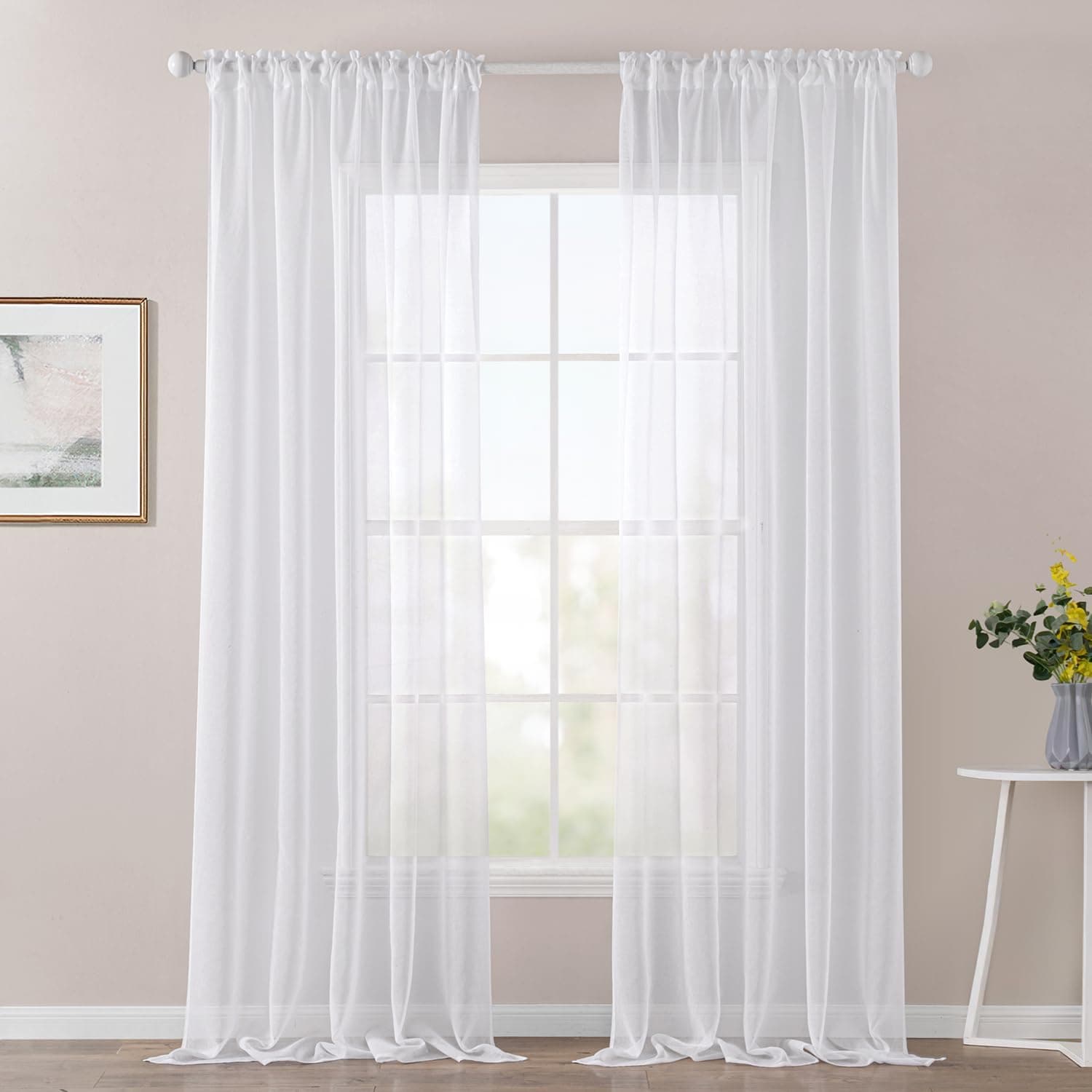 MIULEE 2er Set Sheer Voile Vorhang Stangedurchzug Transparente Gardine Polyester Fensterschal Transparent Wohnzimmer Luftig Dekoschal für Schlafzimmer 140 X 225cm(B x H),Rod Pocket Weiß