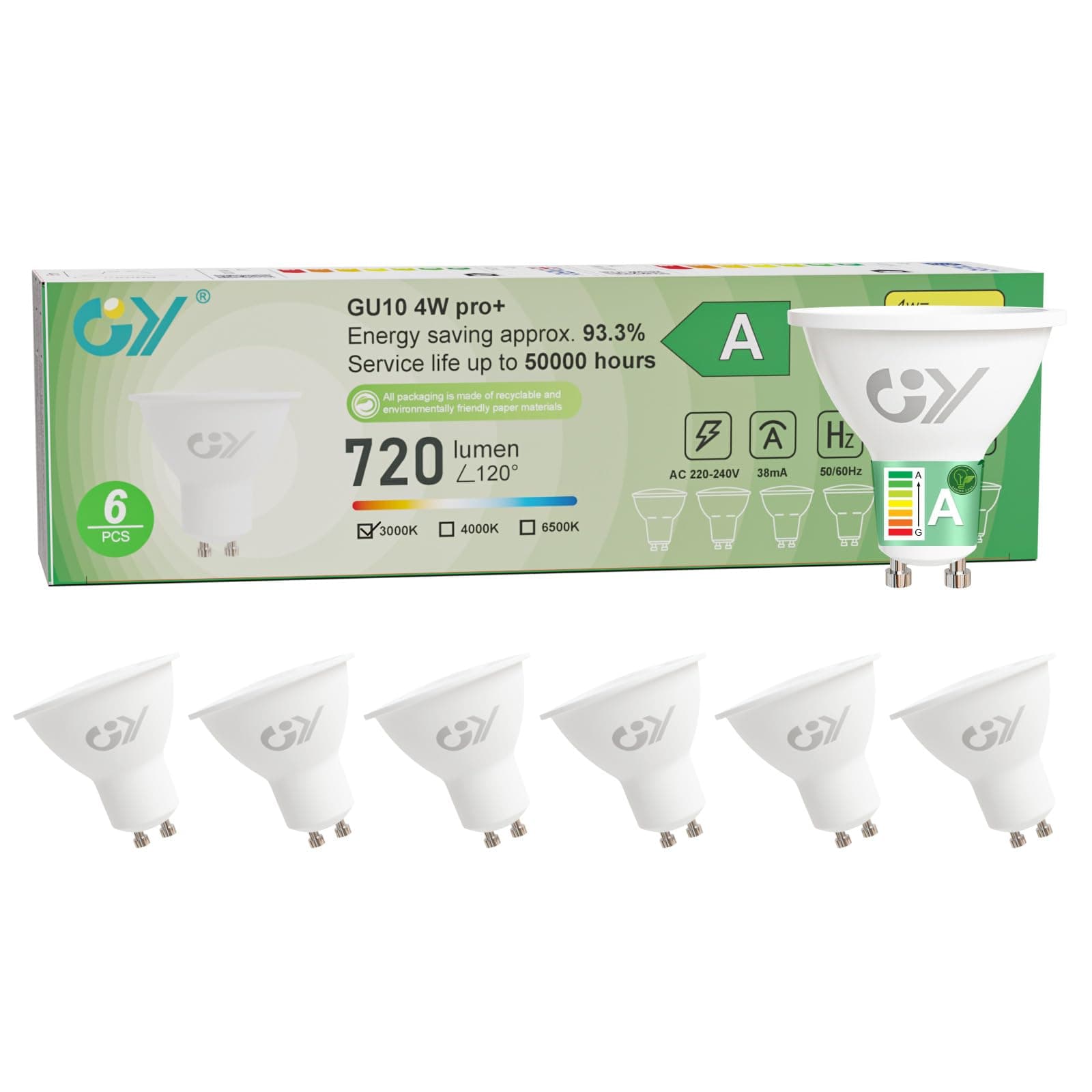 GY Bombilla Led GU10 4W(Equivalente a 60W), Luz Blanca Cálida 3000K, 720 Lúmenes, Ángulo de haz de 110°, No Regulable, Bombilla Bajo Consumo Clase A, Pack de 6