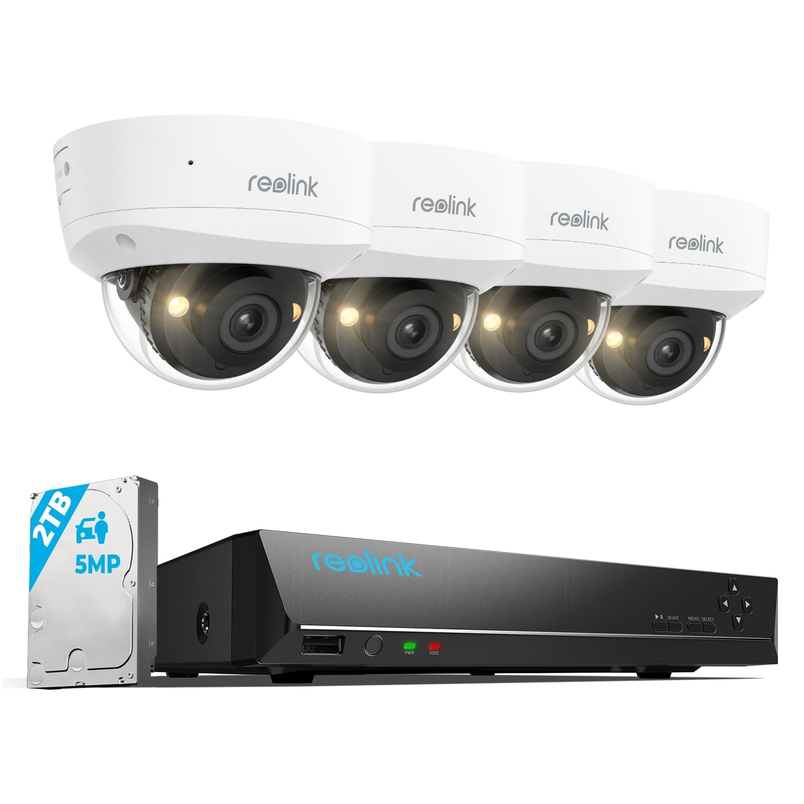 Reolink Sistema PoE 5MP, 4 cámaras IK10, Lentes de 2.8mm Exteriores, visión Nocturna en Color, detección de Movimientos, Audio bidireccional, IP67, NVR de 8 Canales con HDD de 2TB, Modelo RLK8-500V4