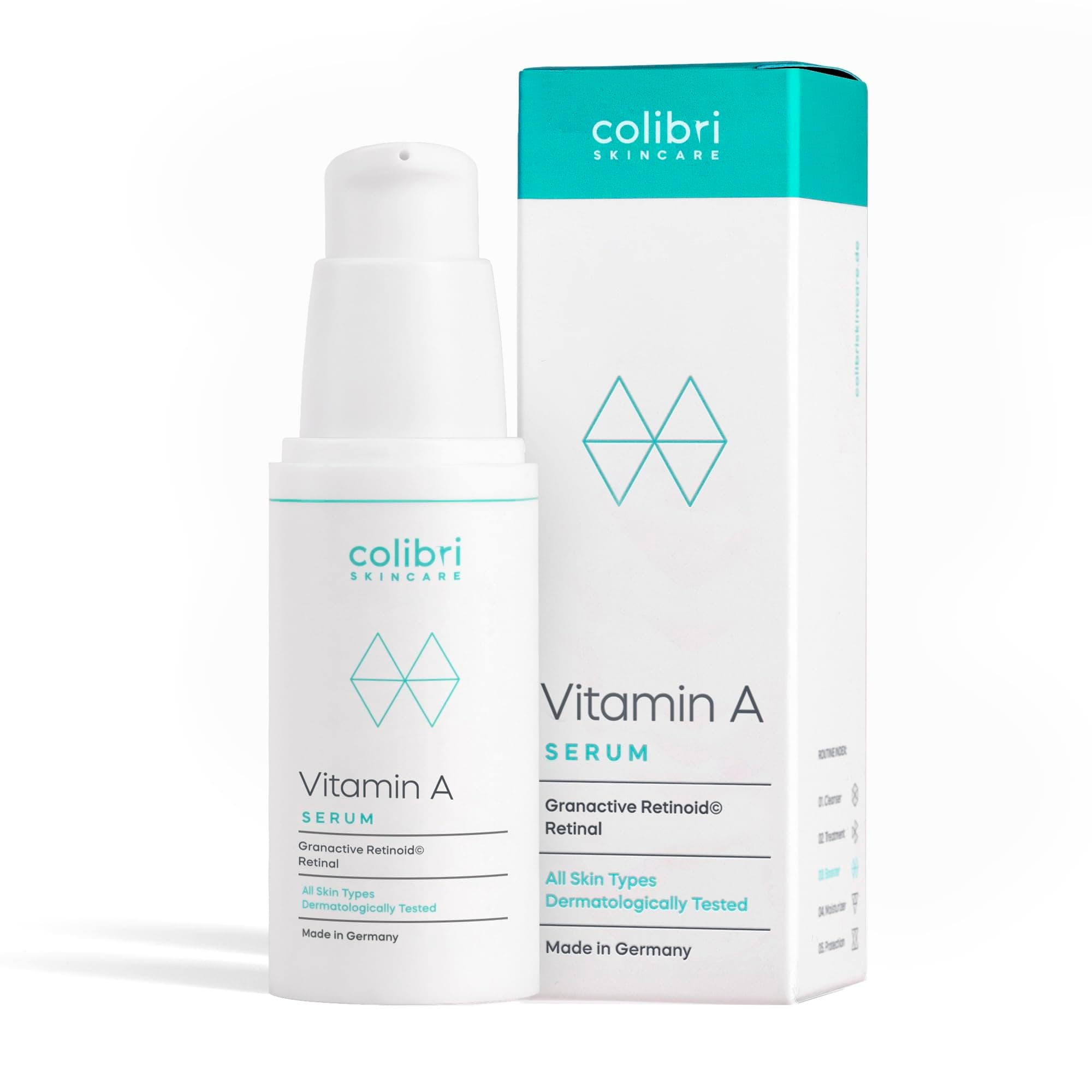 colibri skincare Vitamin A Serum 30ml - Retinol Serum hochdosiert - 4-fach Wirkstoffkomplex mit Retinol, Retinal, Bakuchiol und Ceramiden - schnell einziehende Anti Aging Creme für Gesicht
