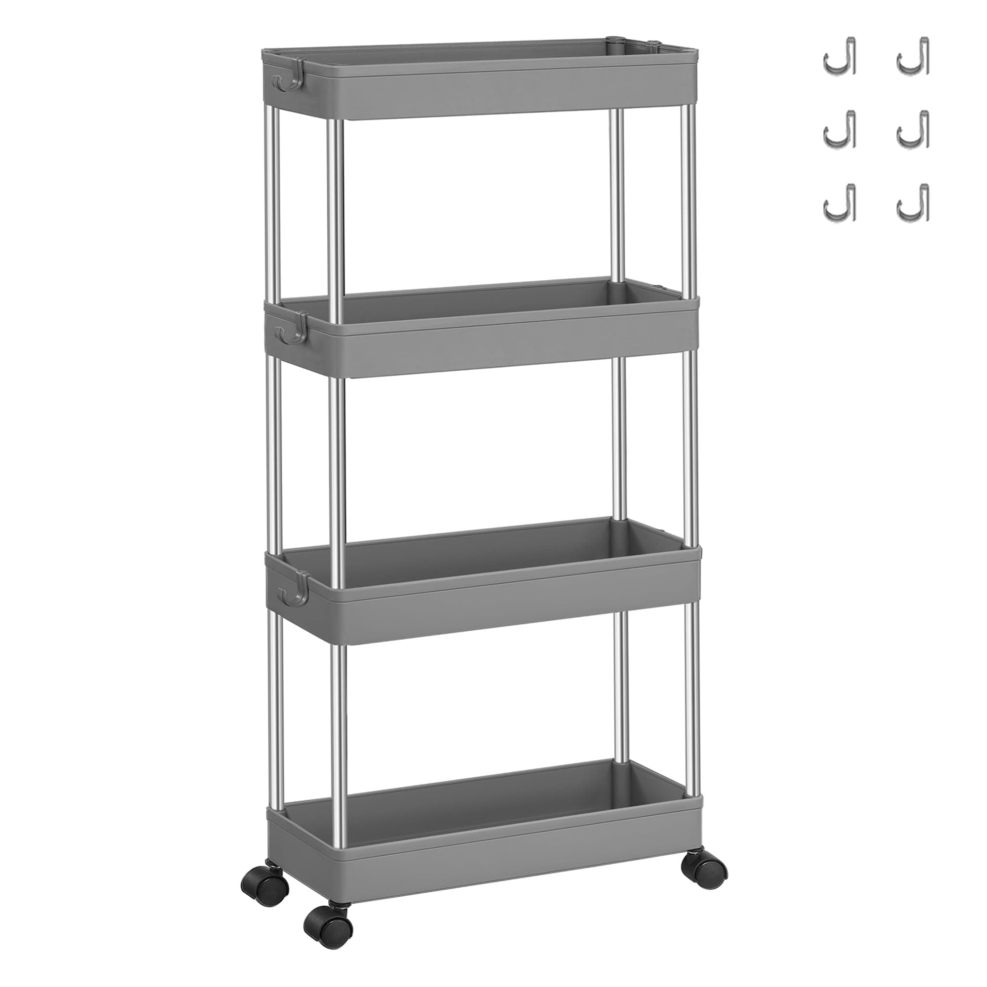 SONGMICS Rollwagen, Küchenwagen, Küchenregal, Nischenregal, mit 6 Haken, 360° drehbare Räder, Stahlgestell, Bad, Küche, Büro, 4 Ebenen, grau KSC008G01