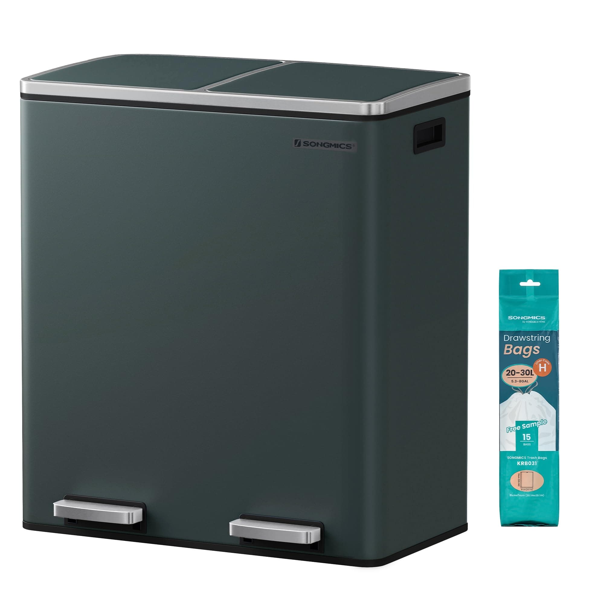 SONGMICS Poubelle à Double Compartiment 2 x 30 L, avec 15 Sacs Poubelles, Pédales en Métal, 2 Seaux Intérieurs en Plastique, Couvercles, Poignées, Fermeture en Douceur, Gris Verdâtre LTB60GS