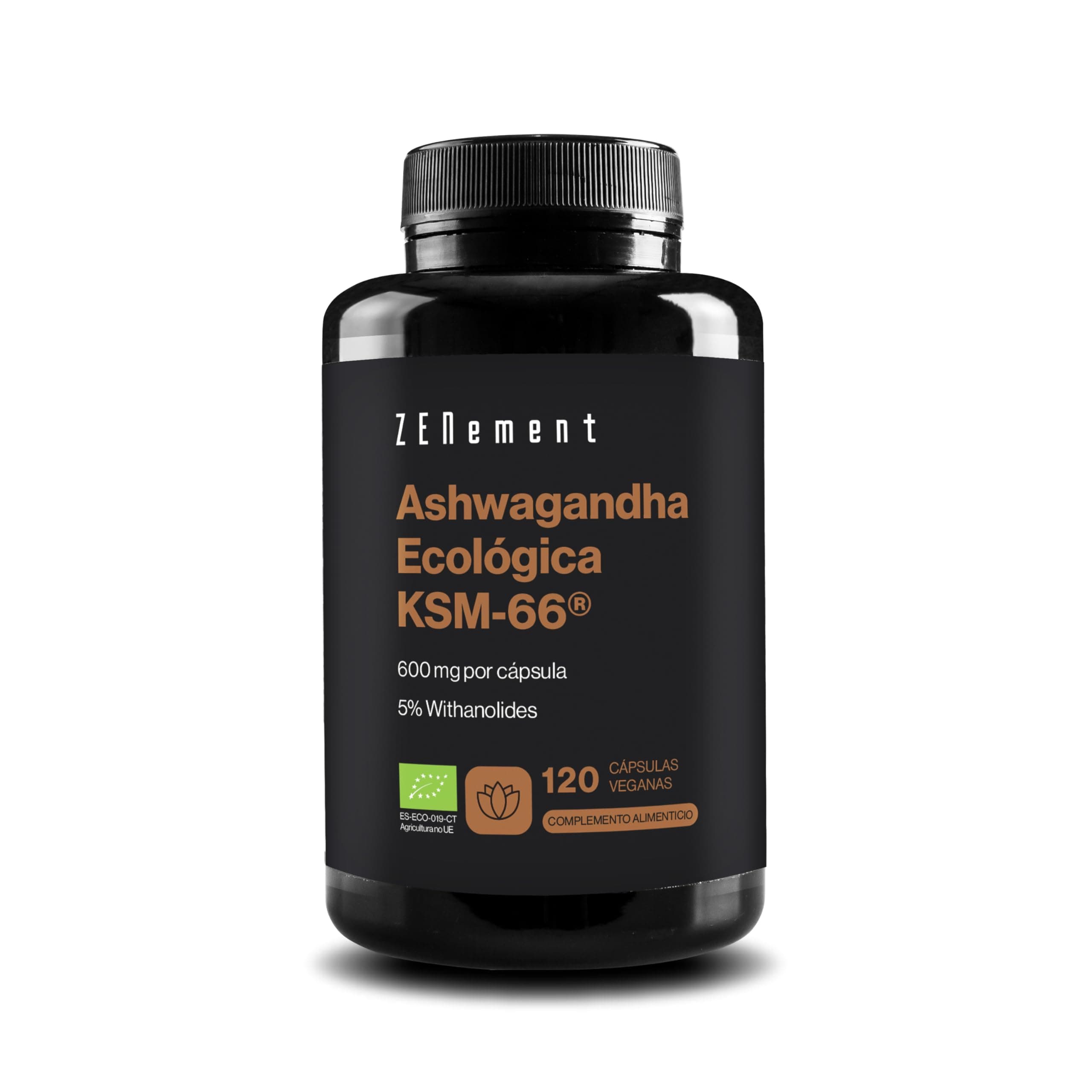 Ashwagandha Ecológica KSM-66-600mg por cápsula - Extracto Estandarizado 5% Withanólidos - Origen Natural y Vegano - 120 Cápsulas - Suministro para 4 Meses - Zenement