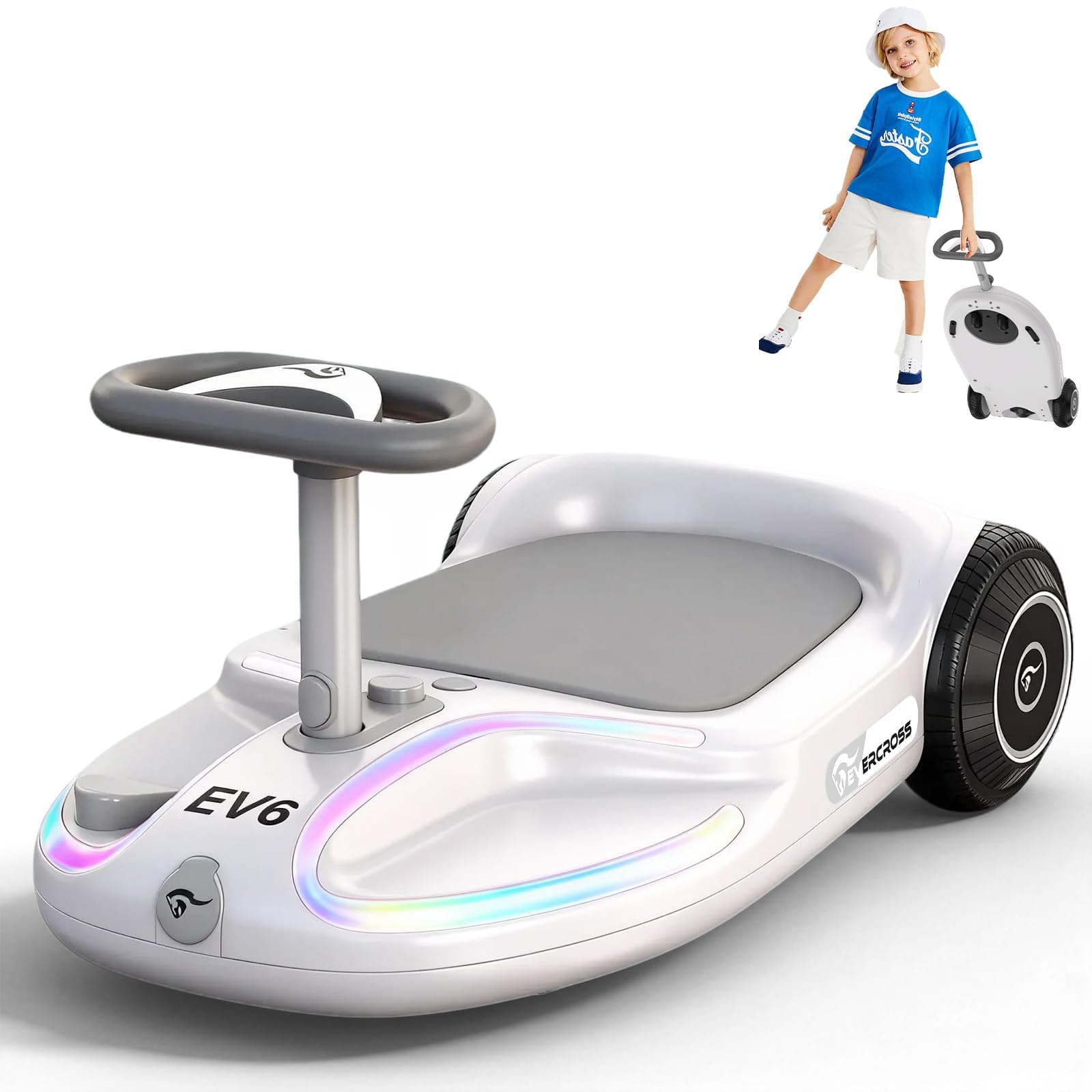 EVERCROSS EV6 Kinder Elektroauto, 4-in-1 Rutschauto mit Pedal, Wiggle Car mit 90W Motor, LED-Lichter & Bluetooth Musik, 360° Lenkung, Klappbar Kinderauto Elektrisch für Jungen & Mädchen