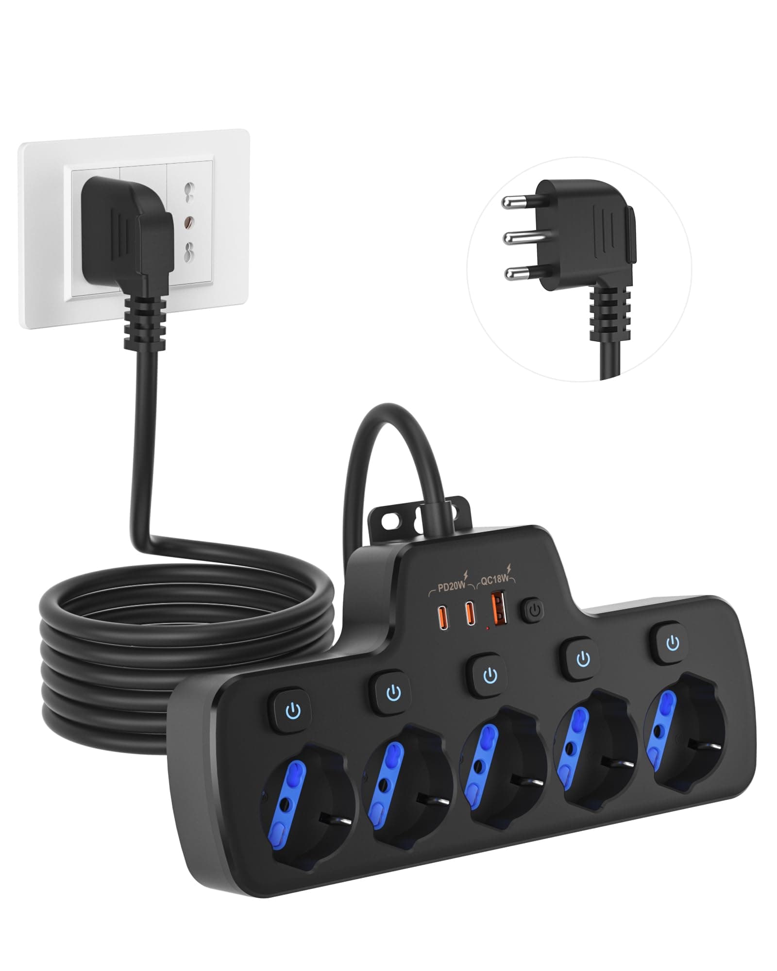Ciabatta Elettrica Multipresa con Interruttore e USB C PD20W Ricarica Rapida,5 Posti Polivalenti Schuko Bipasso 10/16A,Universali Presa Multipla Angolate 45°,Spina 16A,Prolunga Elettriche 1.5 m,Nero