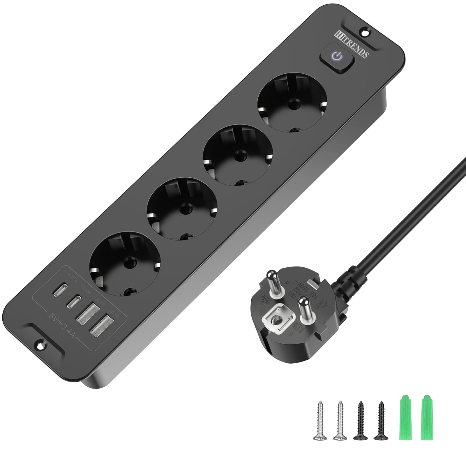 Toma de Empotrar Corriente con 2 USB y 2 Type-C, 4 Tomas Enchufes Multiple Empotrada de Sobremesa con Interruptor, Regleta de Enchufes Empotrada con Cable de 2M para Muebles de Encimera, Negro