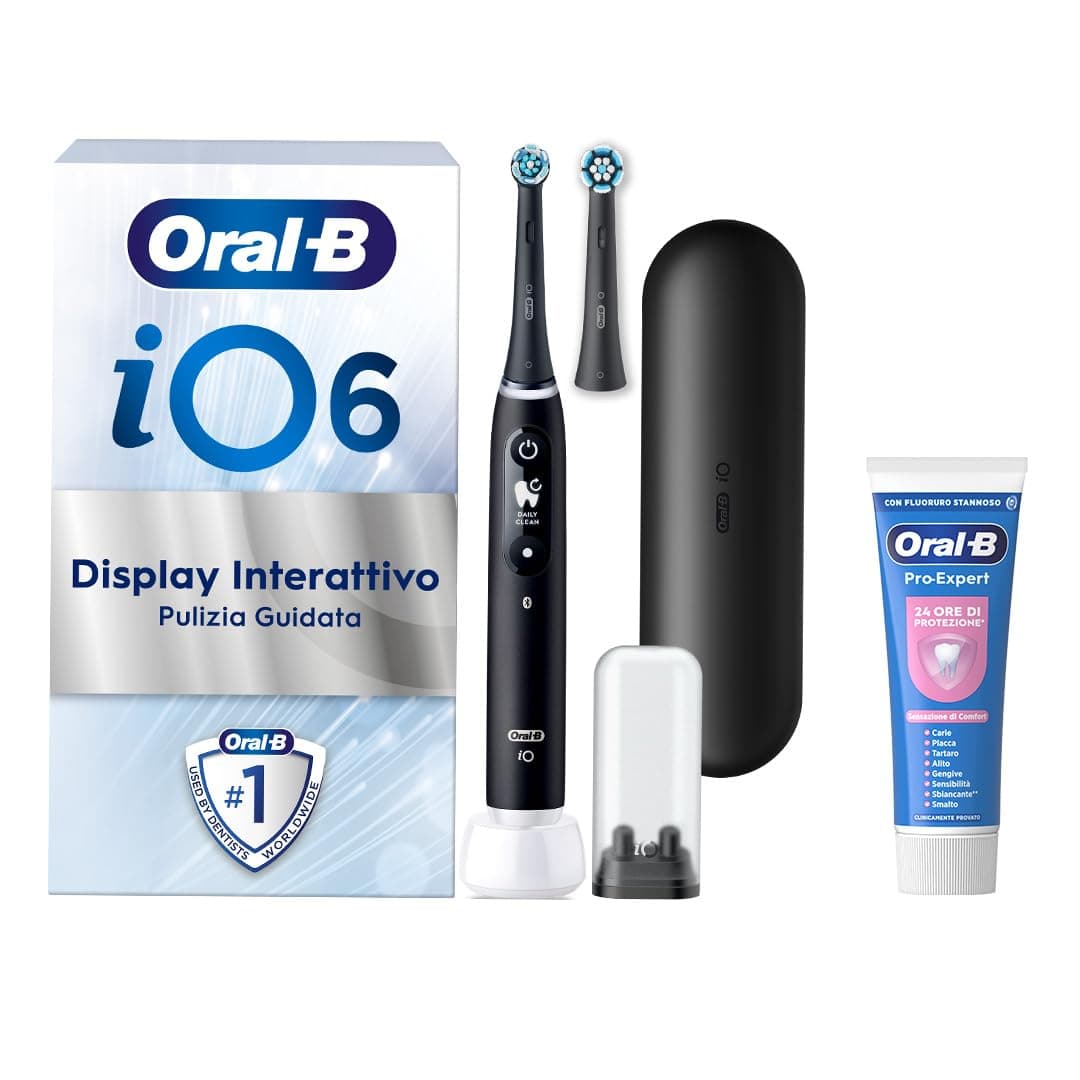 Oral-B Spazzolino Elettrico Ricaricabile iO 6N Nero, 1 Spazzolino Elettrico, 2 Testine Di Ricambio, Custodia Da Viaggio + 1 Dentifricio Oral-B Pro Expert Sensibilità, Pulizia Denti Efficace