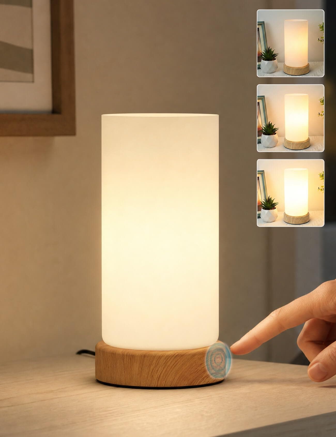 Lampe de Chevet Tactile, Lampe Chevet Effet Bois, Abat-Jour en Verre Blanc | HSLighting Dimmable 3 Niveaux, Lumière Chaude 2700K, Petite Lampe de Table pour Chambre Salon Bureau, Ampoule LED E14 Incluse