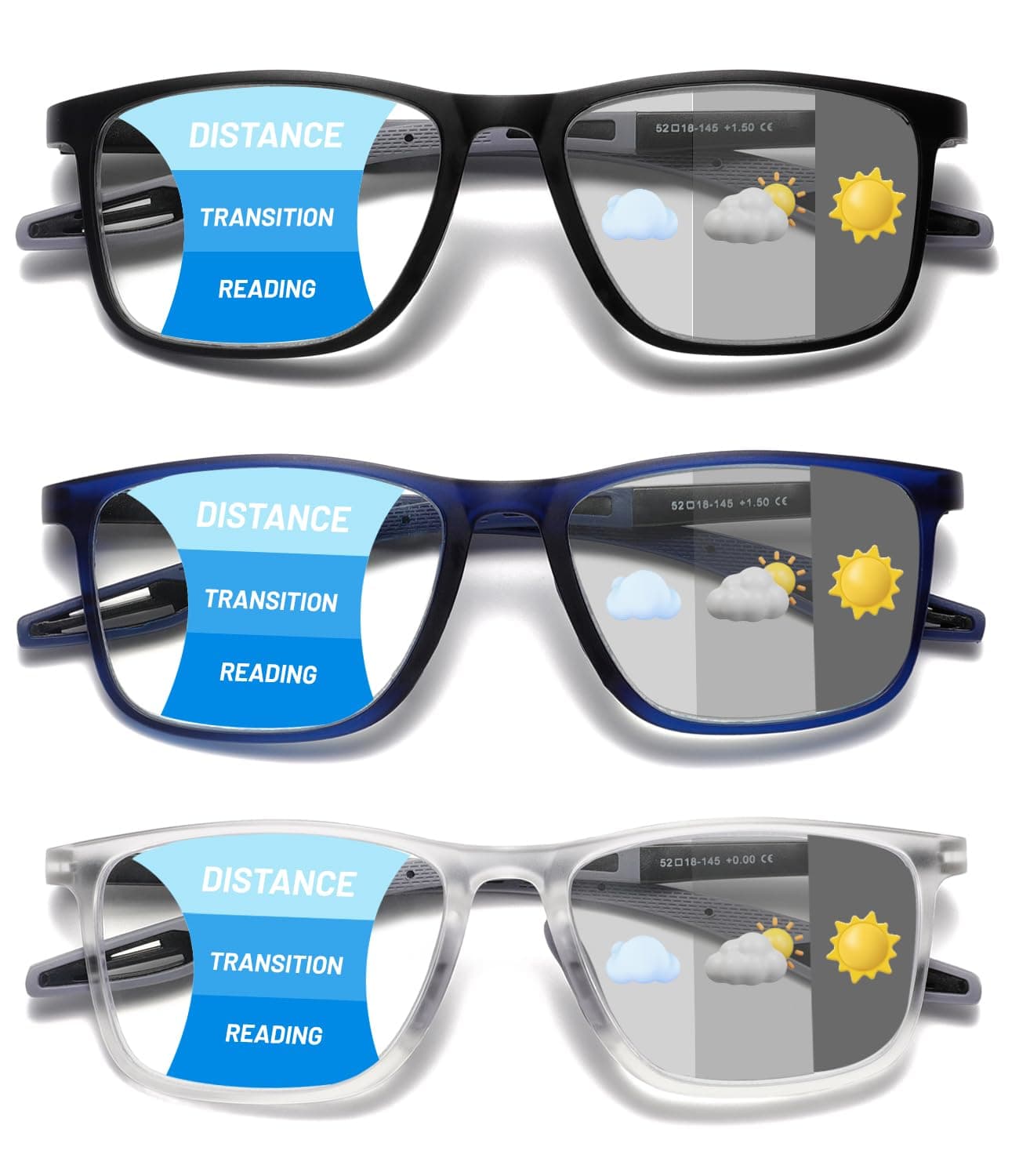 Hubeye Occhiali da lettura sportivo da uomo e donna Lettori ultraleggero TR90 Confortevole Flessibile Occhiali anti luce blu (Nero+Blu+Trasparente, 1.75)