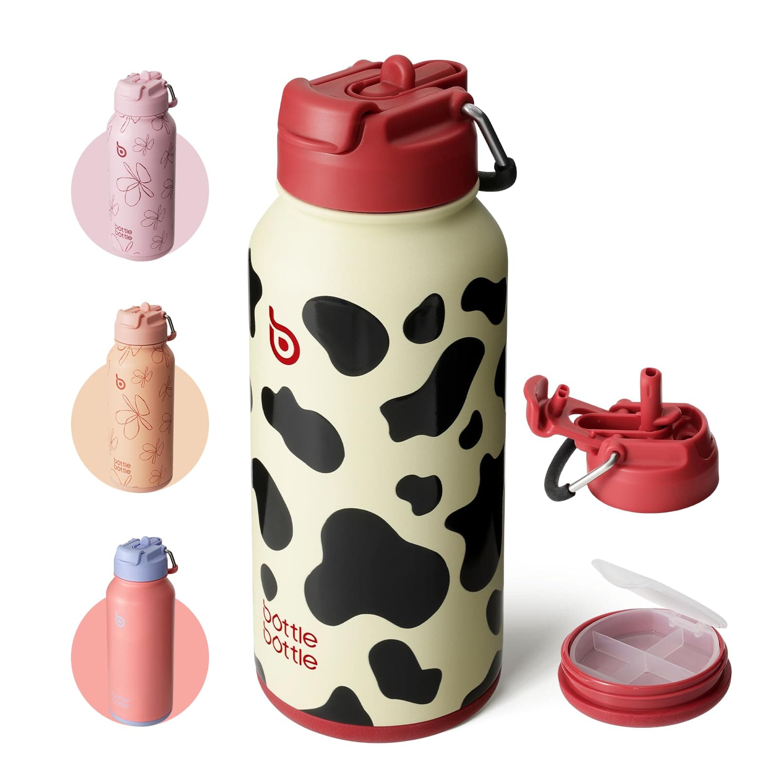 BOTTLE BOTTLE Gourde isotherme avec pilulier Bouteille isotherme de 900 ml Gourde sport en acier inoxydable pour l'extérieur, la randonnée (vache)