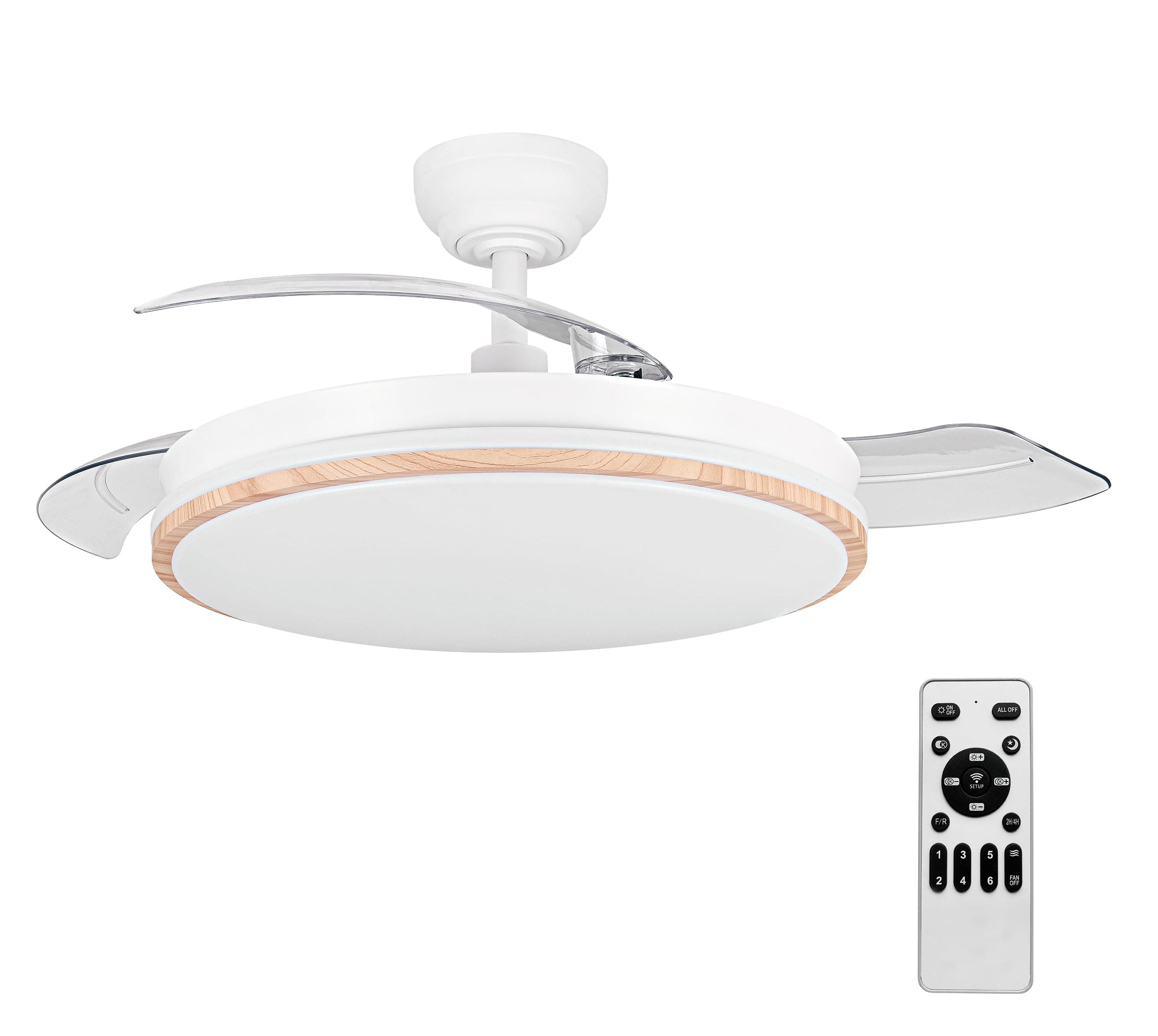 Ventilador de techo con luz con mando 3 aspas, Motor DC 30W+Luz LED,temporizador, 6 velocidades, aspas retráctiles, 3 temperaturas de luz, función verano-invierno Silencioso (Madera liso, 50CM)