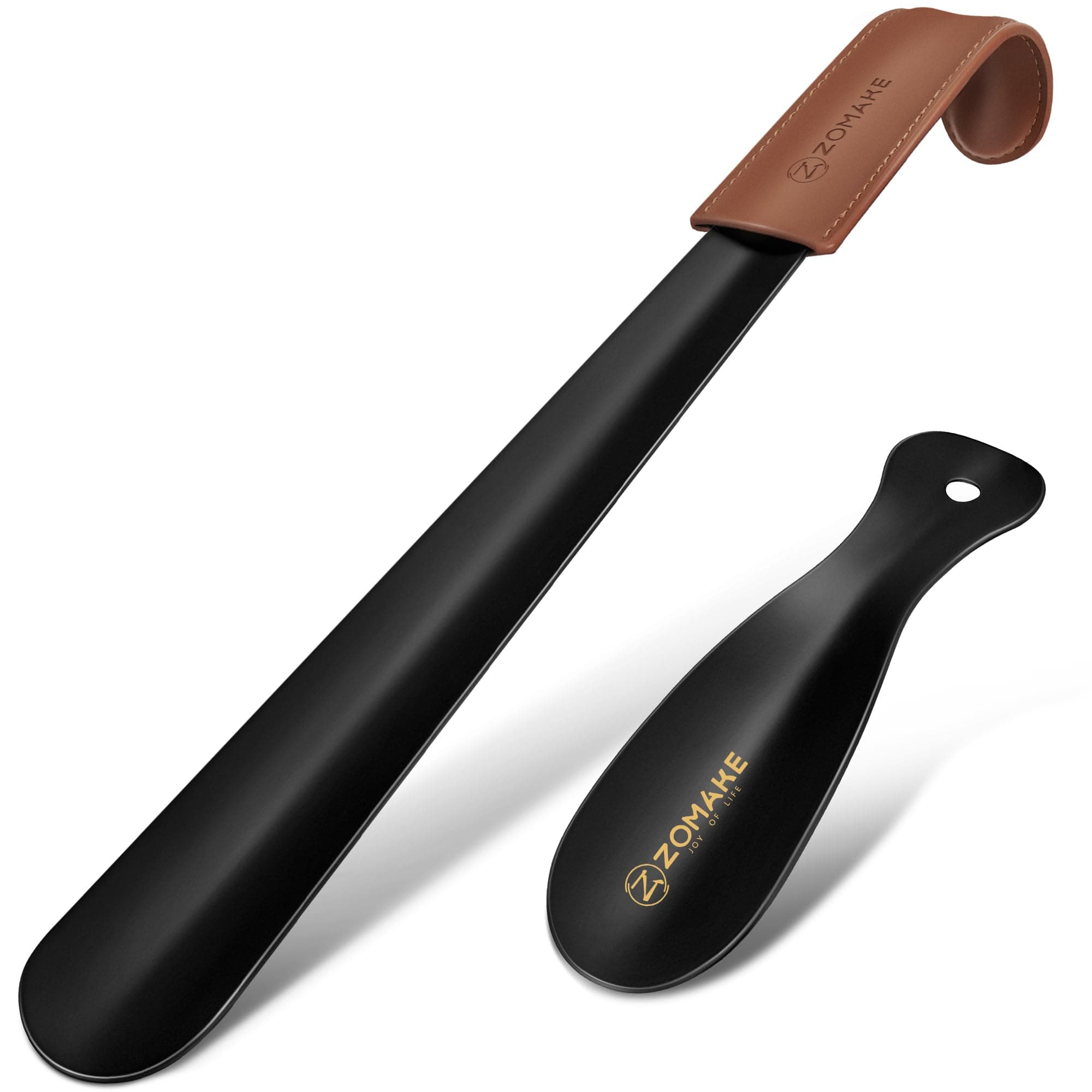 ZOMAKE Chausse Pied Metal 2 Pièces,42cm Noir Grand Chausse-pieds Long Manche Métal Shoe Horn avec Cuir,19cm Chaussé Pied Facile à Utiliser(2 Pièces Noires A)