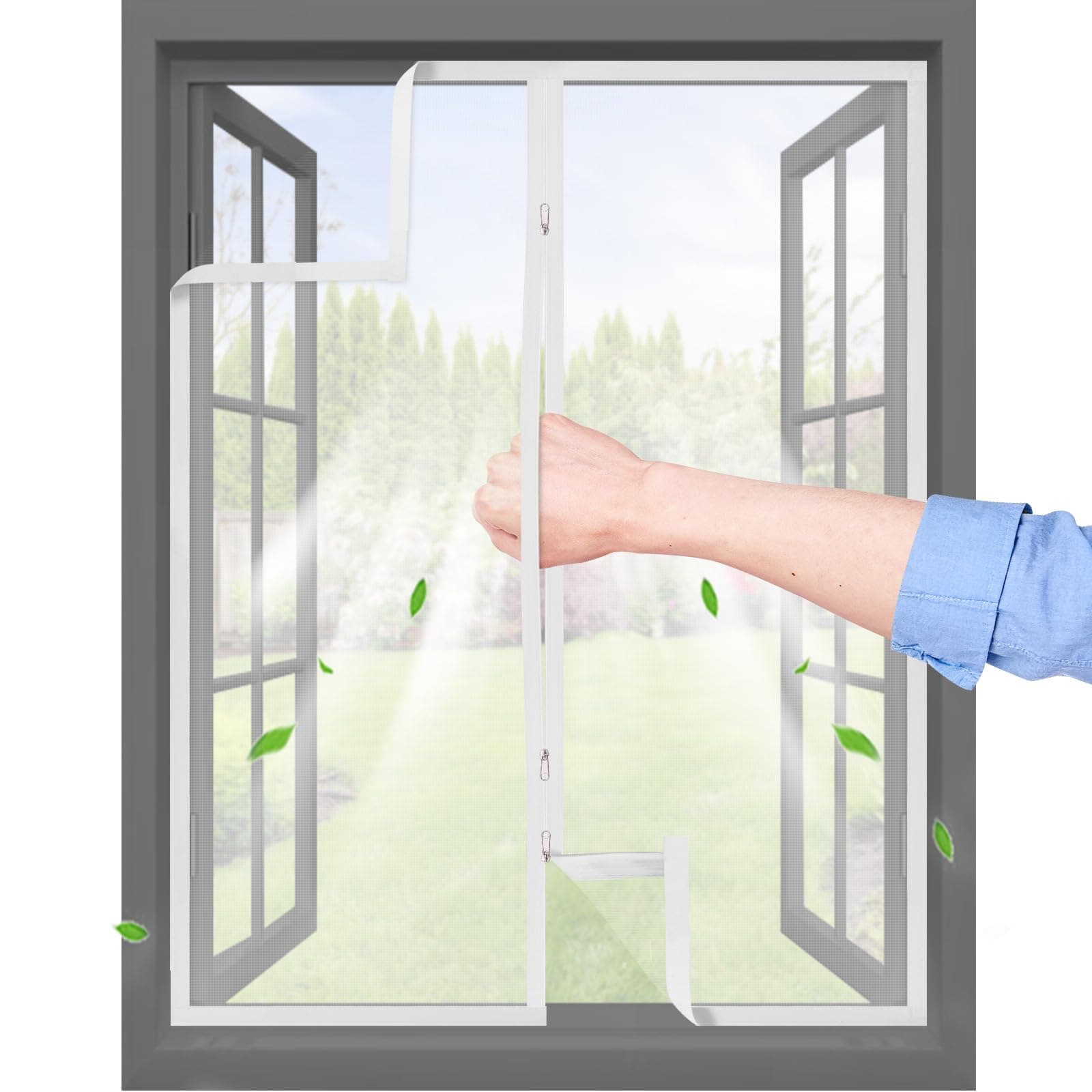 Moustiquaire Fenetre Adhésive avec Fermeture Éclair | 115x115 cm | Bande Auto-agrippante Transparent et Tissu PP Respirant | Réutilisable & Lavable | Plusieurs Tailles universelles | Blanc