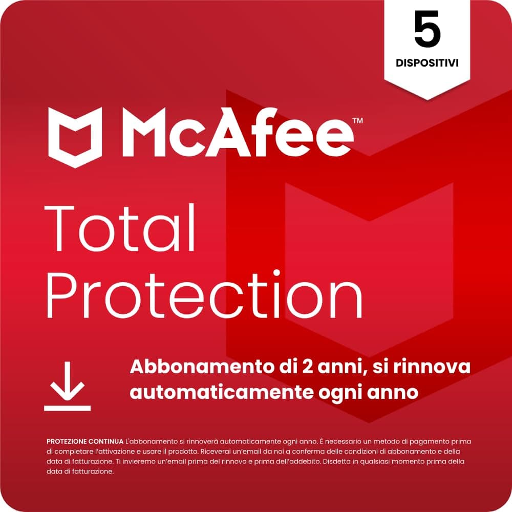 McAfee Total Protection - 5 Dispositiv 2026 | Antivirus, VPN gestore delle password, software di sicurezza, monitoraggio dell'identità | Abbonamento di 2 anno con rinnovo automatico, Scarica