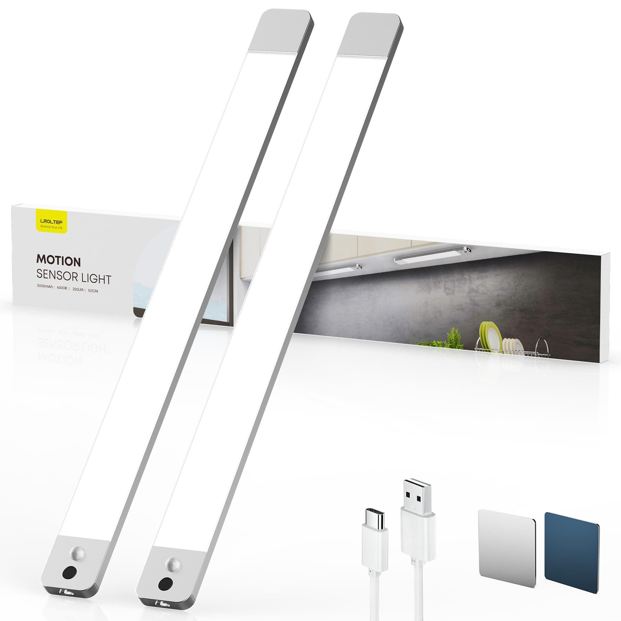 LROLTEF Luce LED Sottopensile Cucina - 50CM 3000mAh Luci con Sensore di Spostamento Manuale & Sensore di Movimento - Armadio Lampada Dimmerabile per Cucina Scale Soggiorno Camere da Letto | 2 Pezzi
