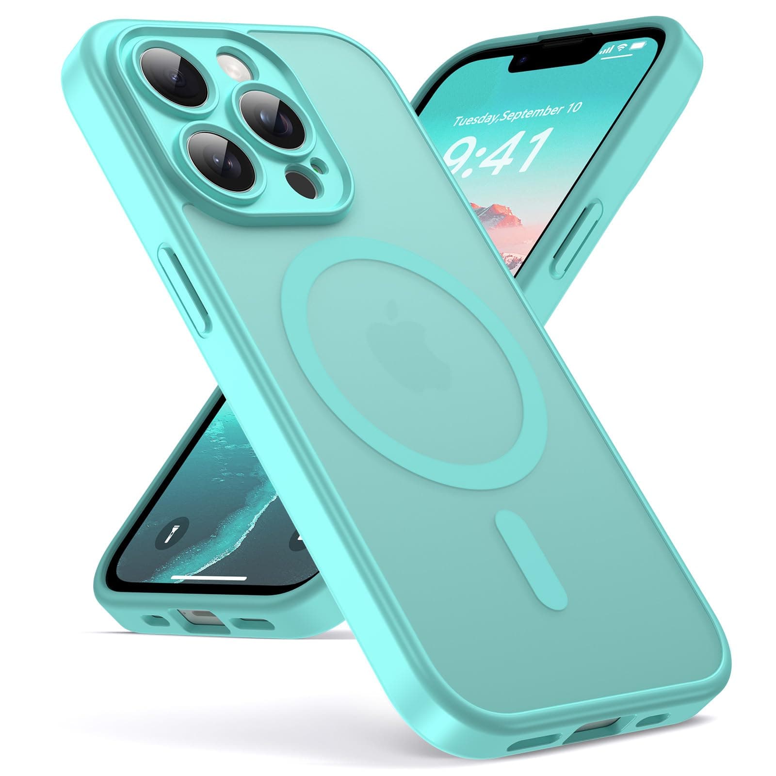 Oududianzi-Coque pour iPhone 13 Pro Compatible avec MagSafe Magnétique, Housse de Arrière Translucide Givrée PC, TPU Silicone Bumper Étui Protection Antichoc Militaire Anti-Empreintes - Bleu Vert