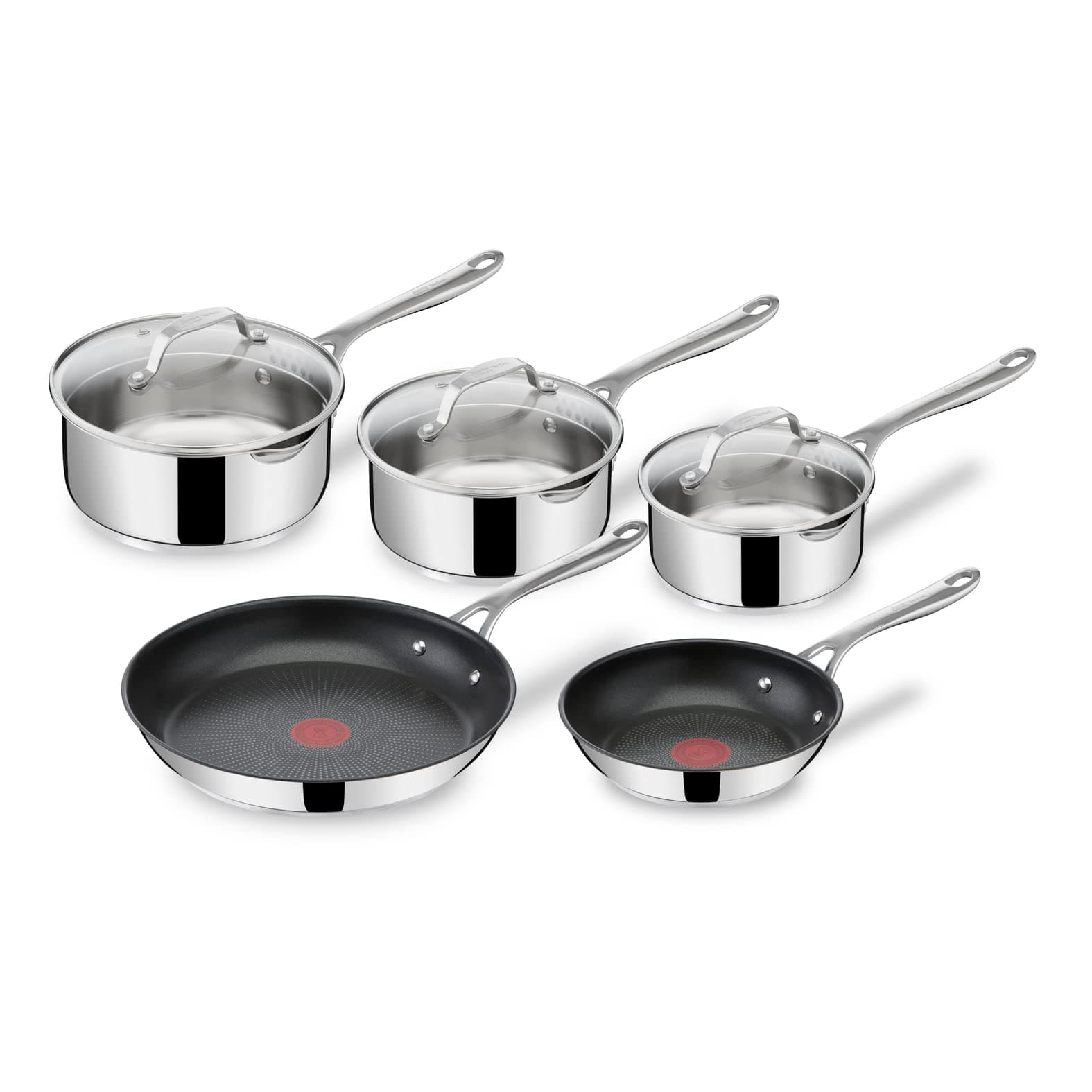 Tefal Jamie Olivers Cook's Direct Inox Batterie de cuisine 8 pcs, 2 poêles, 3 casseroles + couvercles, Revêtement antiadhésif, Indicateur de cuisson, Poignée sûre rivetée, Induction E304S544