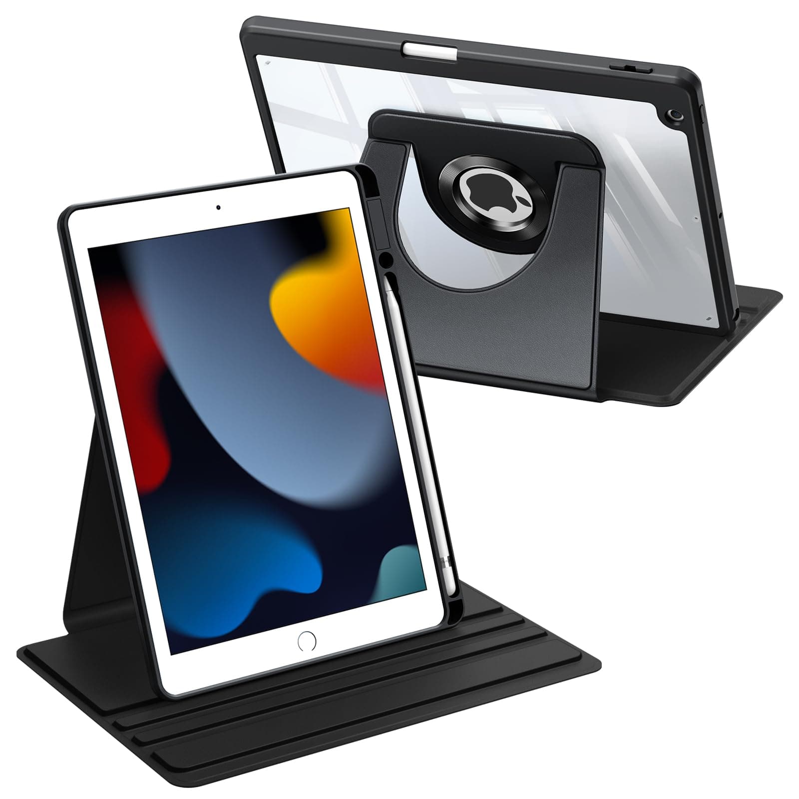 Fintie Rotierende Hülle für iPad 10.2 Zoll 9/8/7 Generation (2021/2020/2019 Modell)‌ mit Stifthalter – 360 Grad Drehbare Schutzhülle Case mit Transparente Acryl-Rückseite, Stoßfester Rahmen, Schwarz