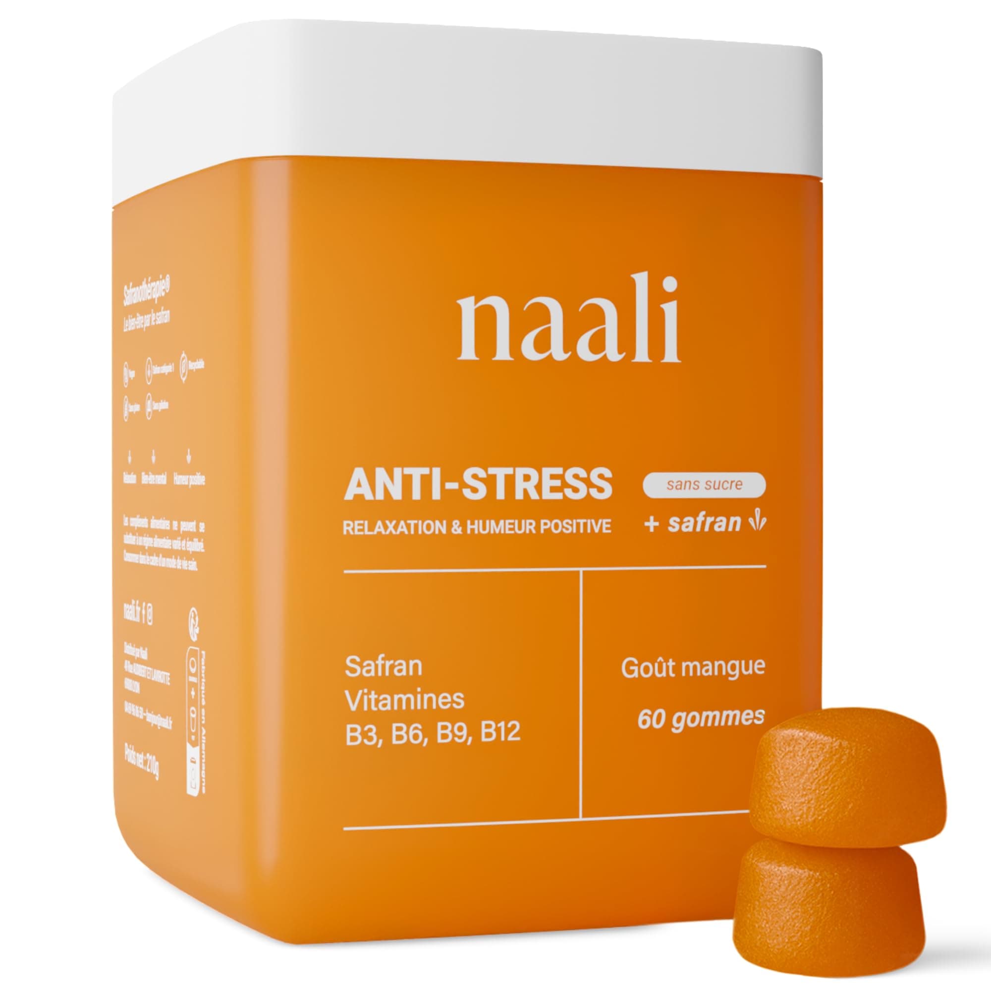 Naali Gummies Anti Stress Safran Vitamines B3 B6 B9 B12 – 60 Gommes - Fatigue, Soutien de l’Humeur, Énergie Mentale – Sans Sucre, Goût Mangue – Complément Bien-Être, Équilibre Intérieur