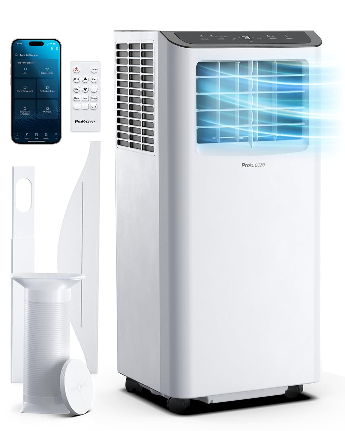 Pro Breeze Climatiseur Mobile 4-en-1 9000 BTU - Clim Puissante compatible WiFi avec Application- Minuterie 24 heures, Télécommande et Kit Fenêtre inclus pour Chambre, Salon 22m² [Classe énergétique A]