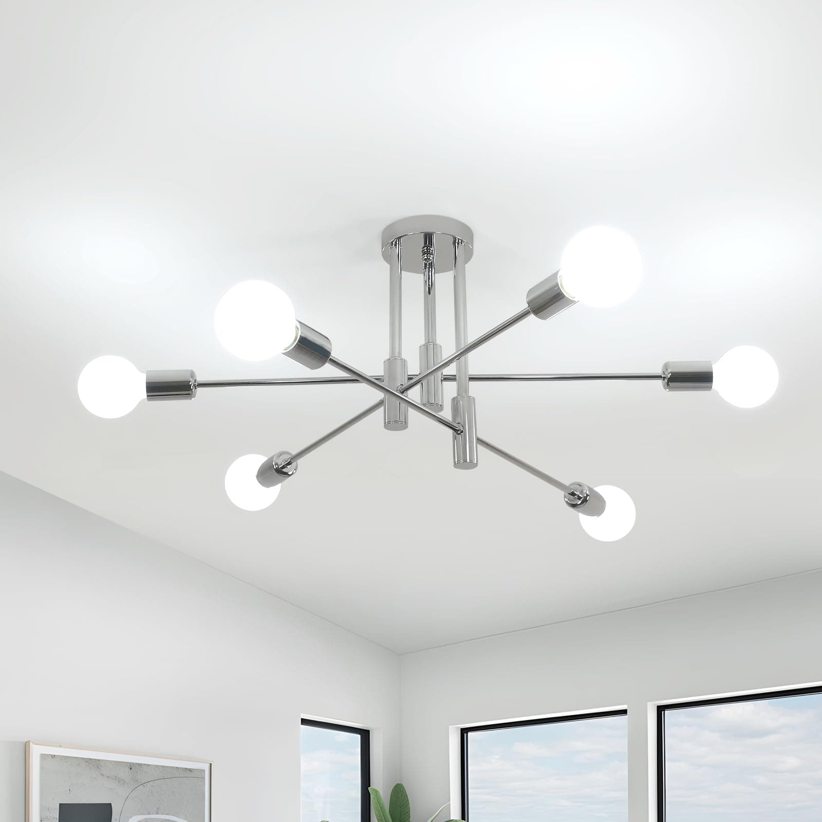 Comely Lampadario Soffitto Industrial, 6 Luci Forma DIY Plafoniera Vintage E27, Moderno Lampada da Soffitto in Ferro per Camera da letto Soggiorno Cucina Corridoio (Cromo)
