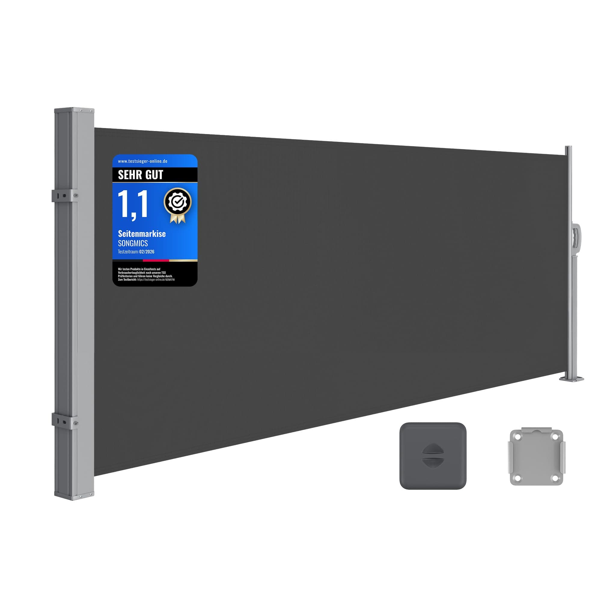 SONGMICS Seitenmarkise mit Stahl-Kasten, rostbeständig, ausziehbar, 140 x 300 cm, Windschutz, Sonnenschutz, blickdicht, Seitenrollo, für Balkon, Terrasse, Garten, anthrazit GSA143G02