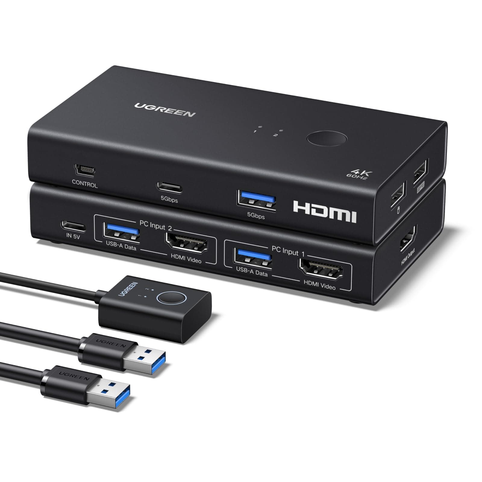 UGREEN Switch KVM HDMI 2.0 2 Entradas 1 Salidas 4K 60 Hz Conmutador KVM para 2 pc con 4 puertos USB 3.0 5Gbps para Teclado Ratón Disco Duro Controlador de Escritorio compatible con Windows Linux macOS