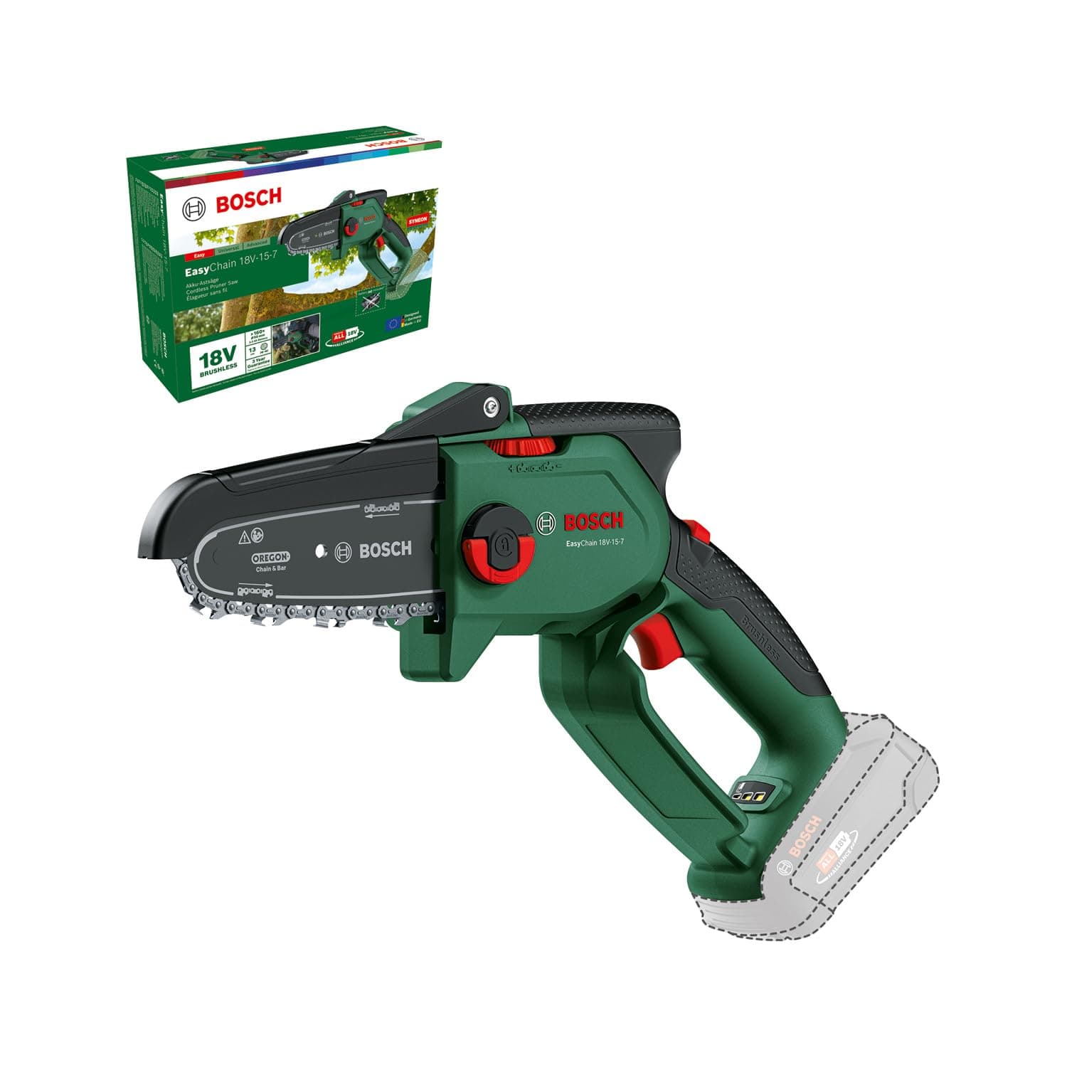 Bosch Mini Motosierra a Batería EasyChain 18V-15-7 (Para cortar madera; sistema de 18 voltios; velocidad de la cadena: 6,95 m/s; sin batería)