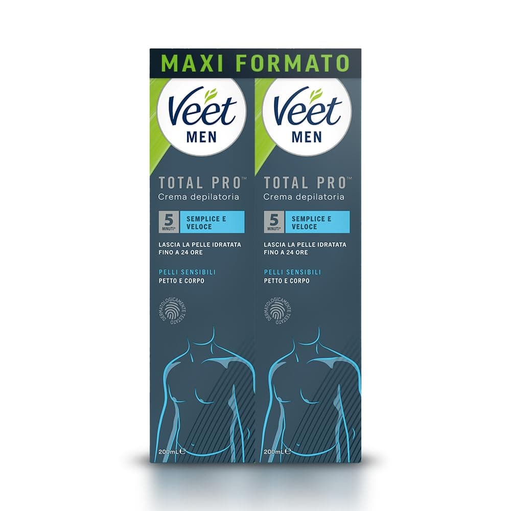 Veet Men Crema Depilatoria Uomo Petto e Corpo Pelli Sensibili, Dermatologicamente Testata, Formato Convenienza 400 ml (2 Confezioni x 200 ml)