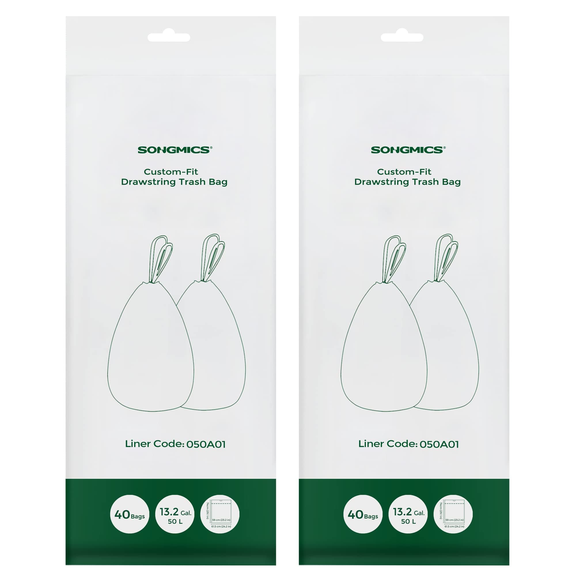 SONGMICS Müllbeutel mit Zugband, Müllsäcke für 50 Liter Mülleimer, Mülltüten, Code 050A01, passgenau, 2 Rollen, 80 Stück, weiß KRB050A02