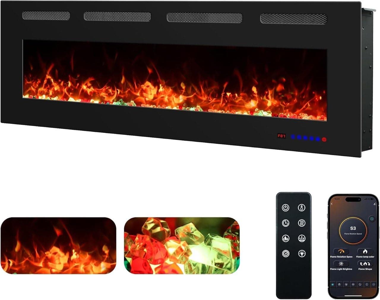 Weka Fireplace Camino Elettrico a Parete WiFi 127cm, 750/1500W | Ultrasottile 7,5 cm, vetro temperato senza fumo, telecomando e touch screen